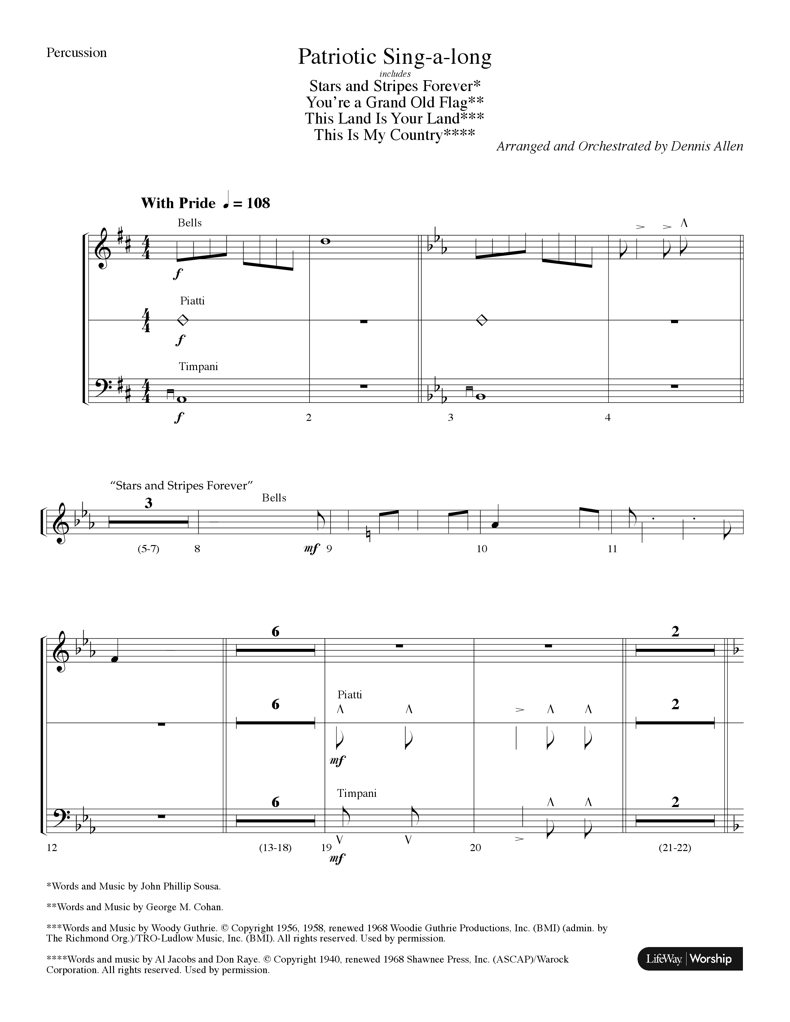 Patritotic Sing-A-Long Medley (with Stars And Stripes Forever, Youre A Grand Old Flag, This Land Is  (Choral Anthem SATB) Percussion (Lifeway Choral / Arr. Dennis Allen)