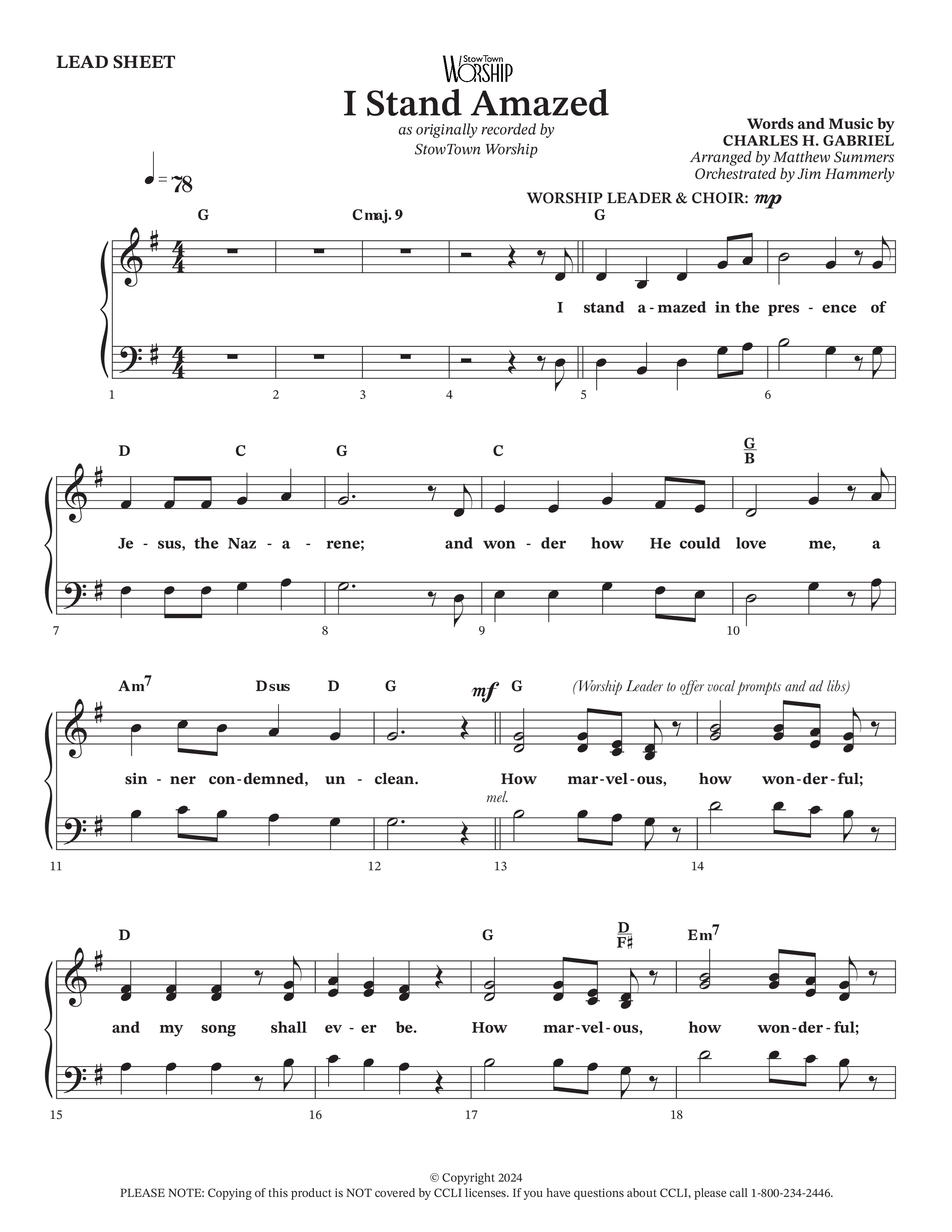 I Stand Amazed Lead Sheet (SAT) (StowTown Worship / Travis Cottrell / TaRanda Greene / Arr. Matthew Summers / Orch. Jim Hammerly)