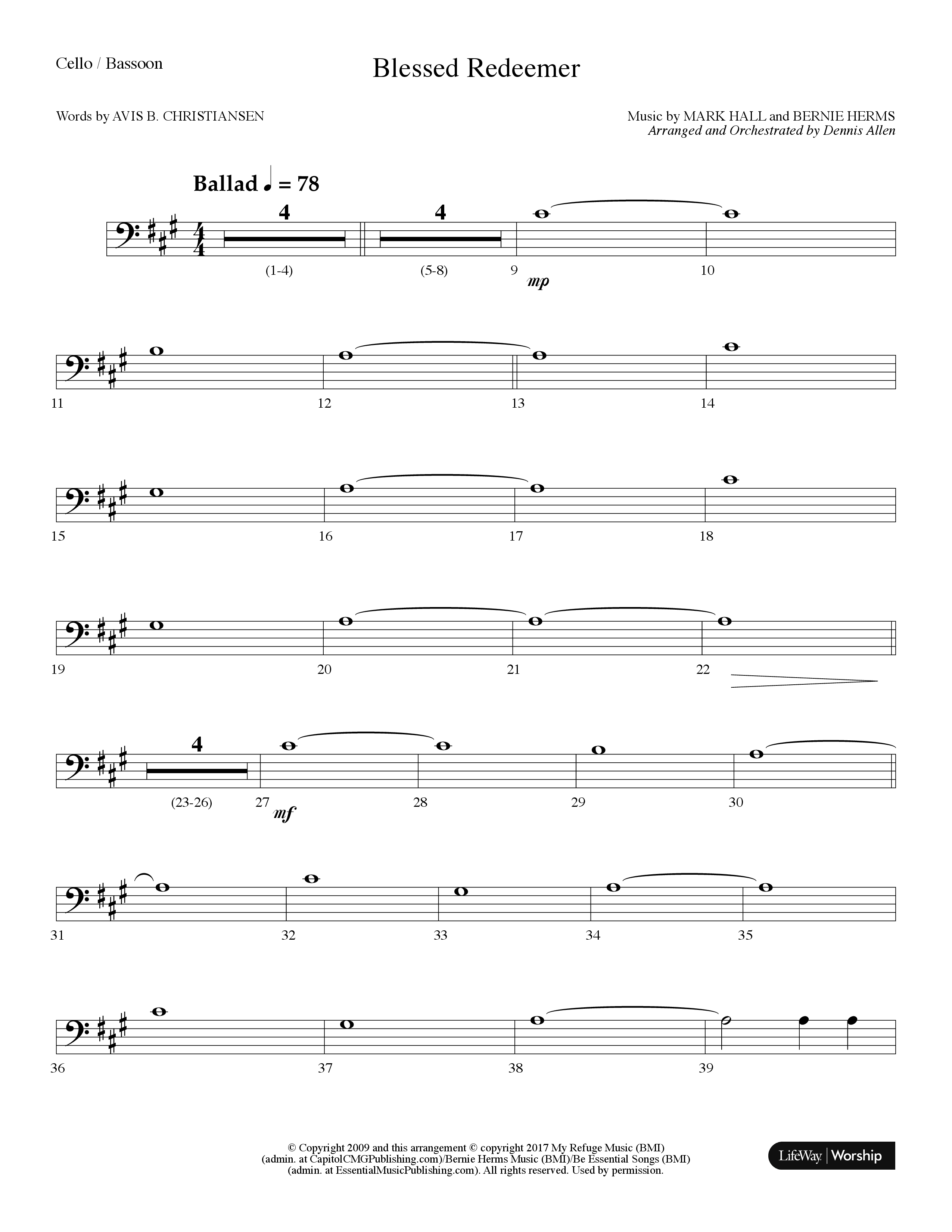 Blessed Redeemer (Choral Anthem SATB) Cello (Lifeway Choral / Arr. Dennis Allen)