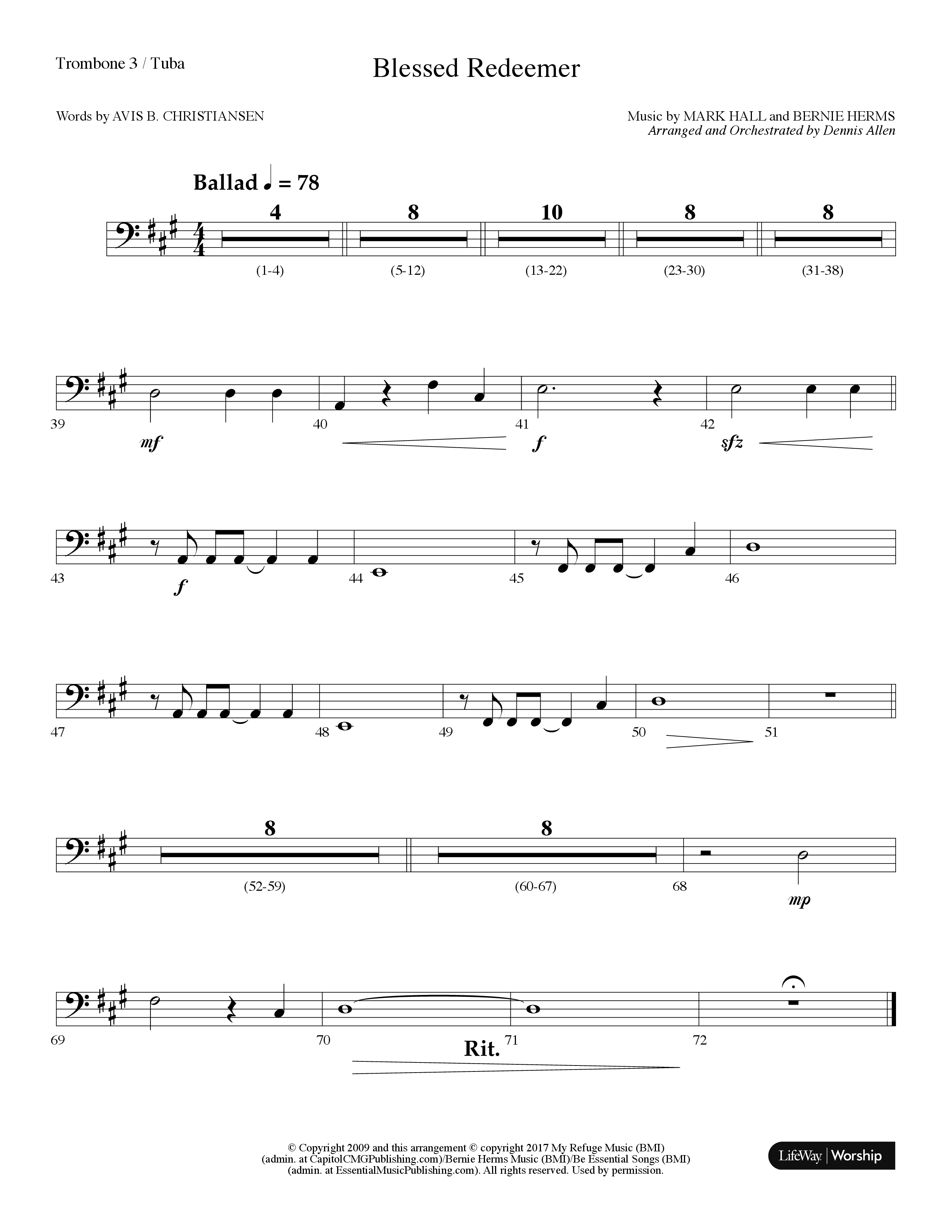 Blessed Redeemer (Choral Anthem SATB) Trombone 3/Tuba (Lifeway Choral / Arr. Dennis Allen)