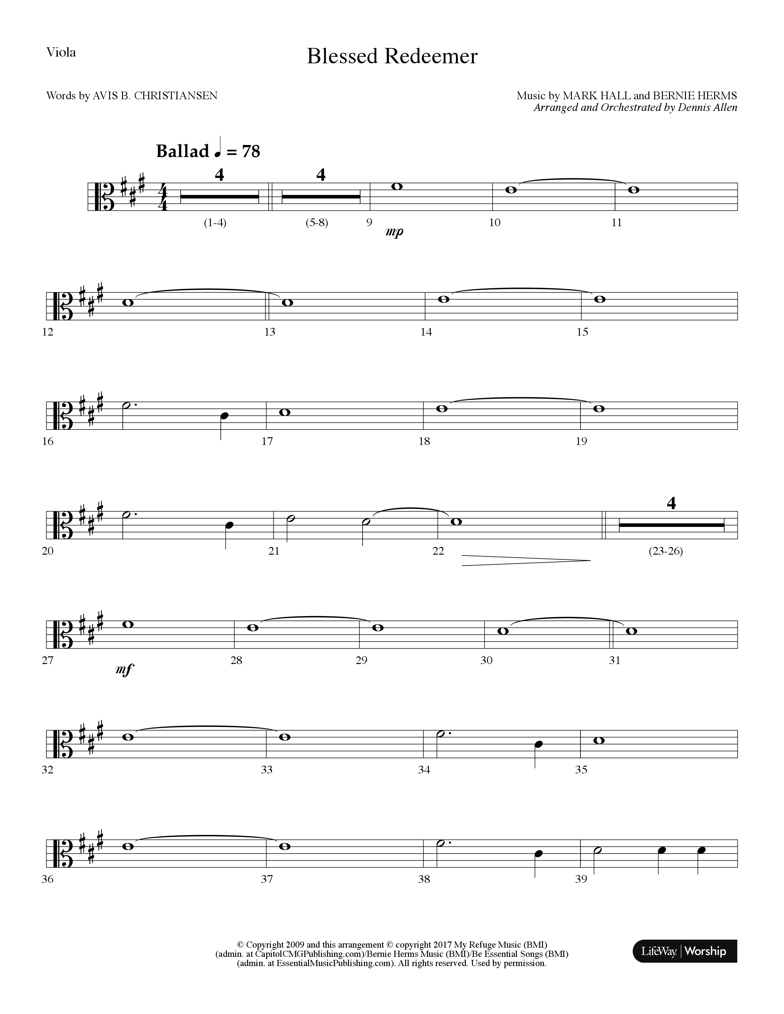 Blessed Redeemer (Choral Anthem SATB) Viola (Lifeway Choral / Arr. Dennis Allen)