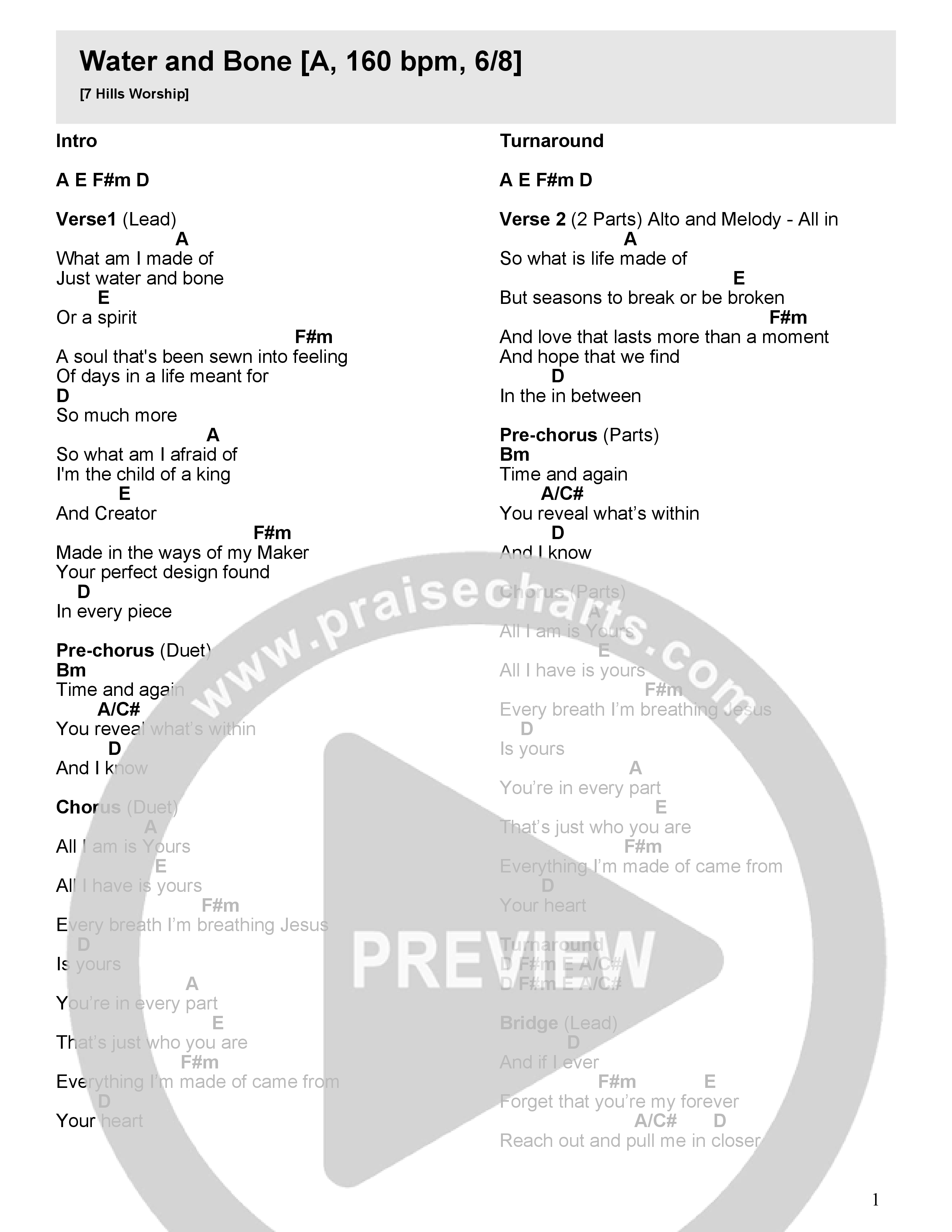 Water And Bone (Live) Chord Chart (7 Hills Worship)