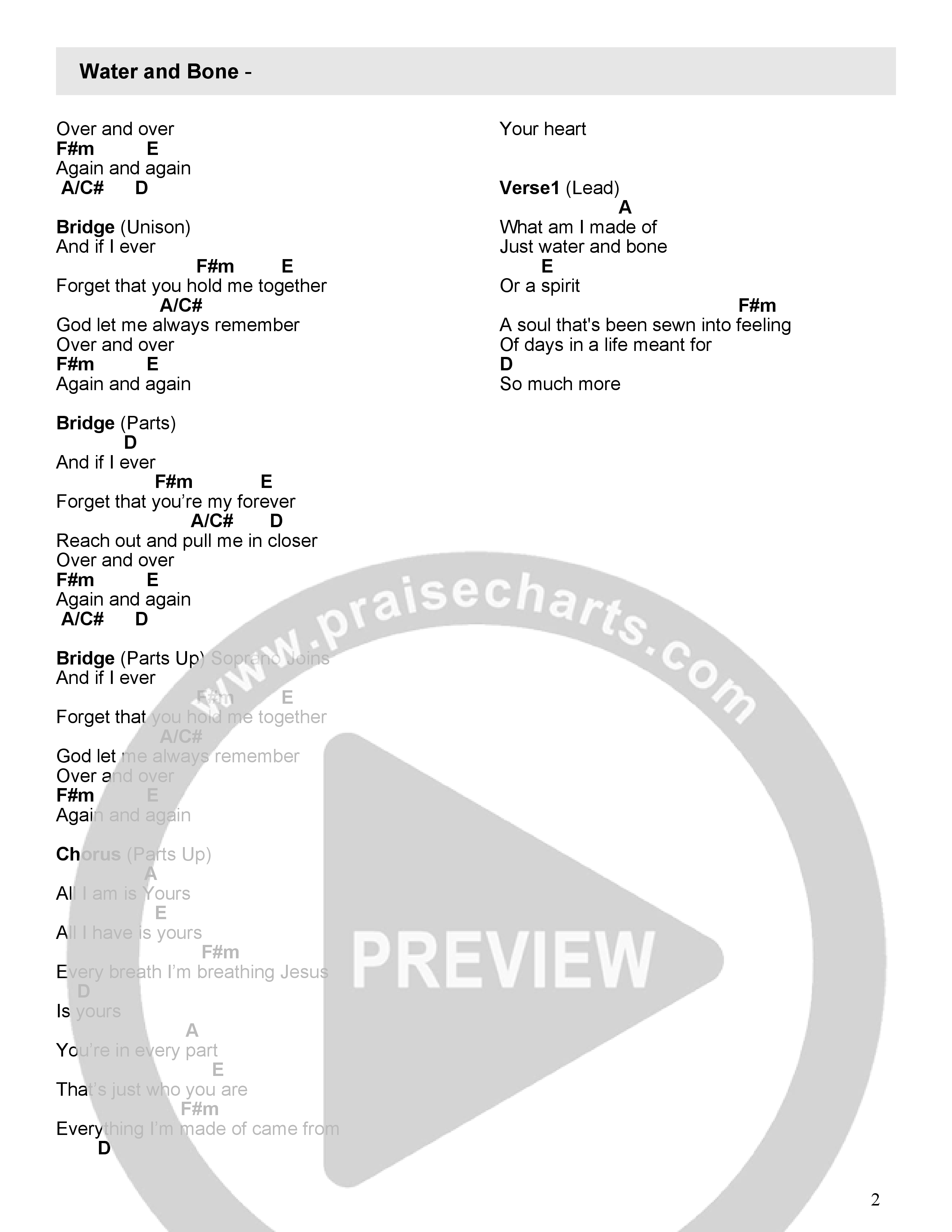 Water And Bone (Live) Chord Chart (7 Hills Worship)