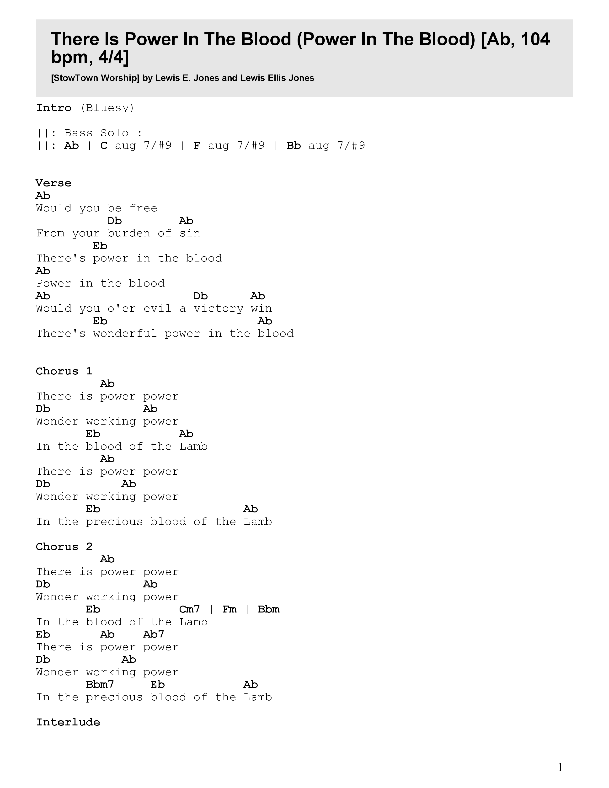 Power In The Blood Chord Chart (StowTown Worship / TaRanda Greene / Arr. Matthew Summers / Orch. J. Daniel Smith)