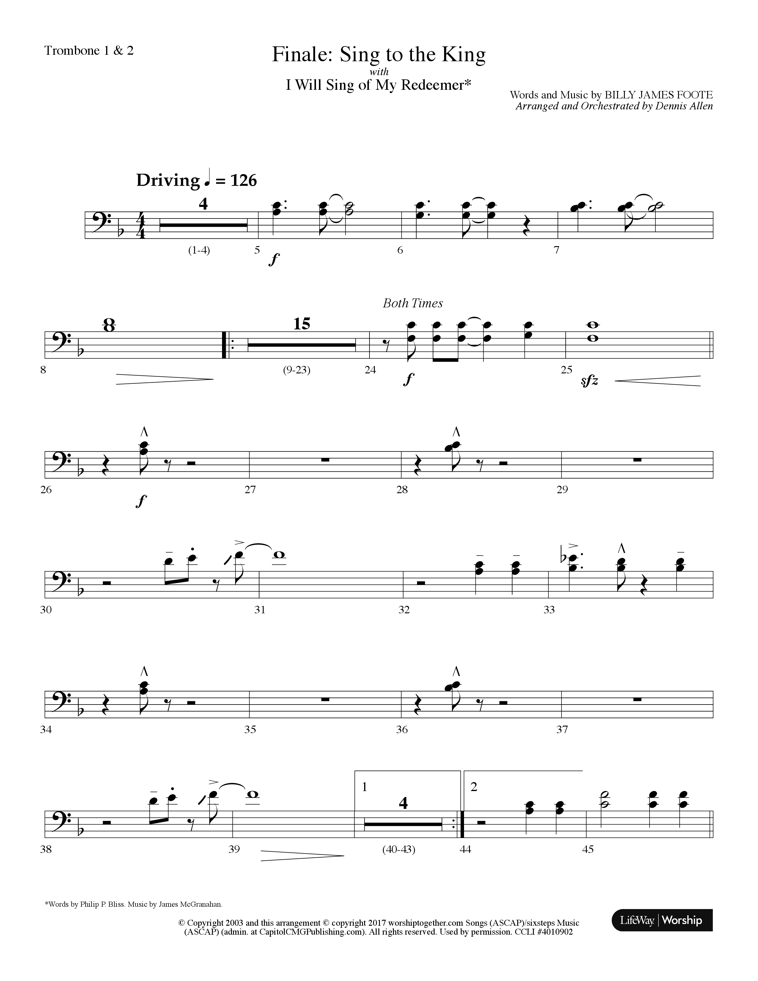Sing To The King (Finale) (with I Will Sing Of My Redeemer) (Choral Anthem) Trombone 1/2 (Lifeway Choral / Arr. Dennis Allen)