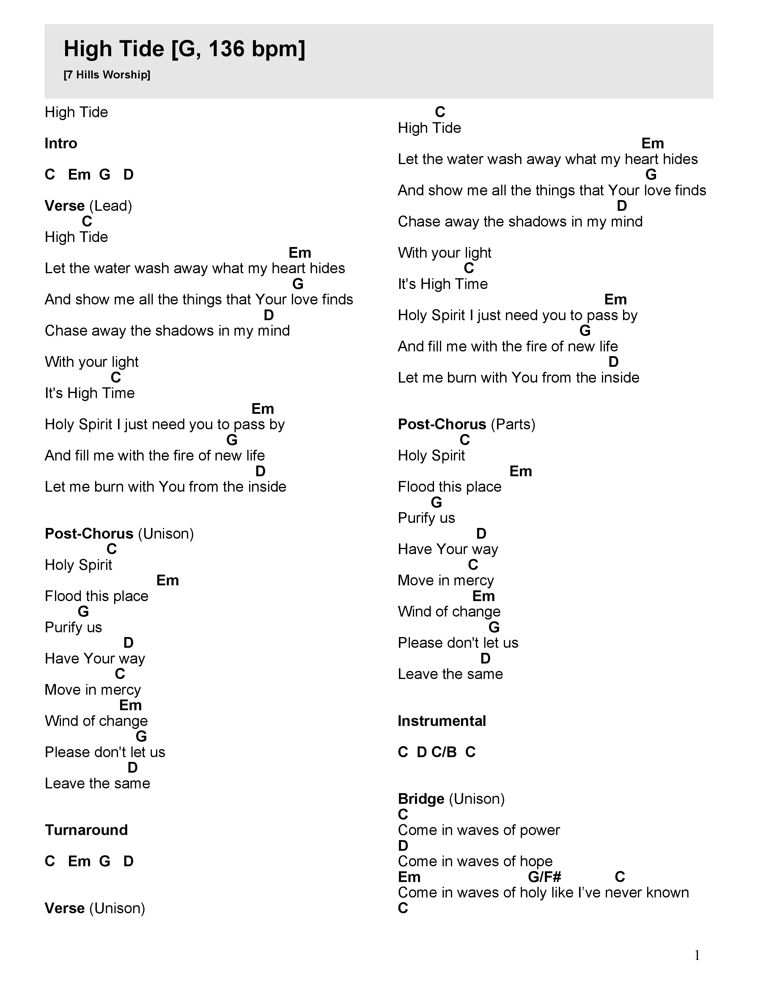 High Tide (Live) Chord Chart (7 Hills Worship)