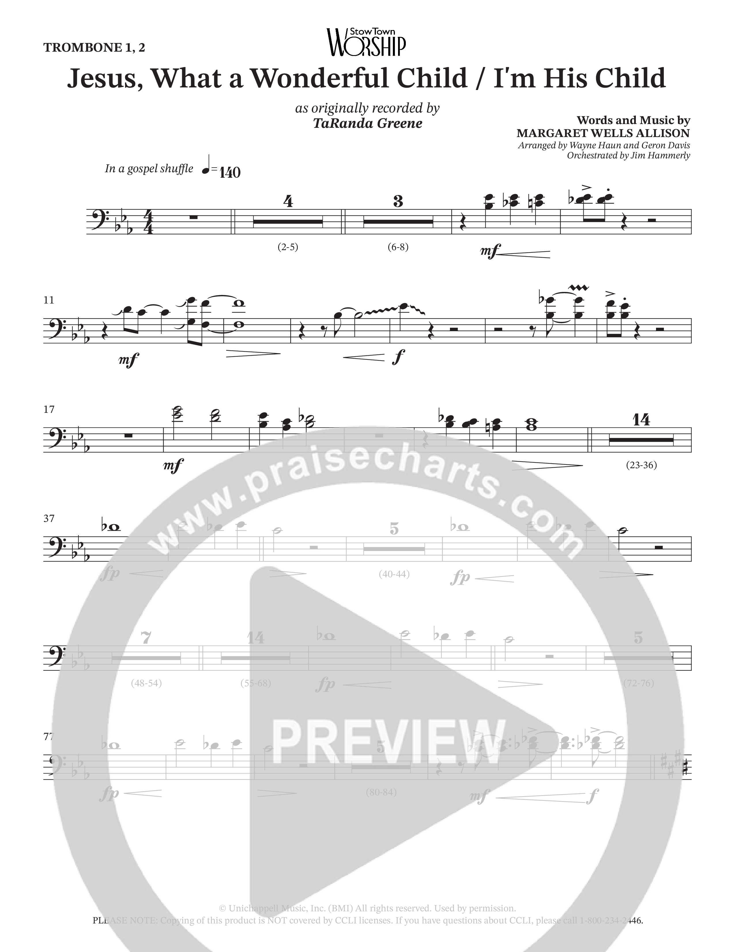Jesus What A Wonderful Child / I'm His Child (Choral Anthem SATB) Trombone 1/2 (TaRanda Greene / Arr. Wayne Haun / Arr. Geron Davis)