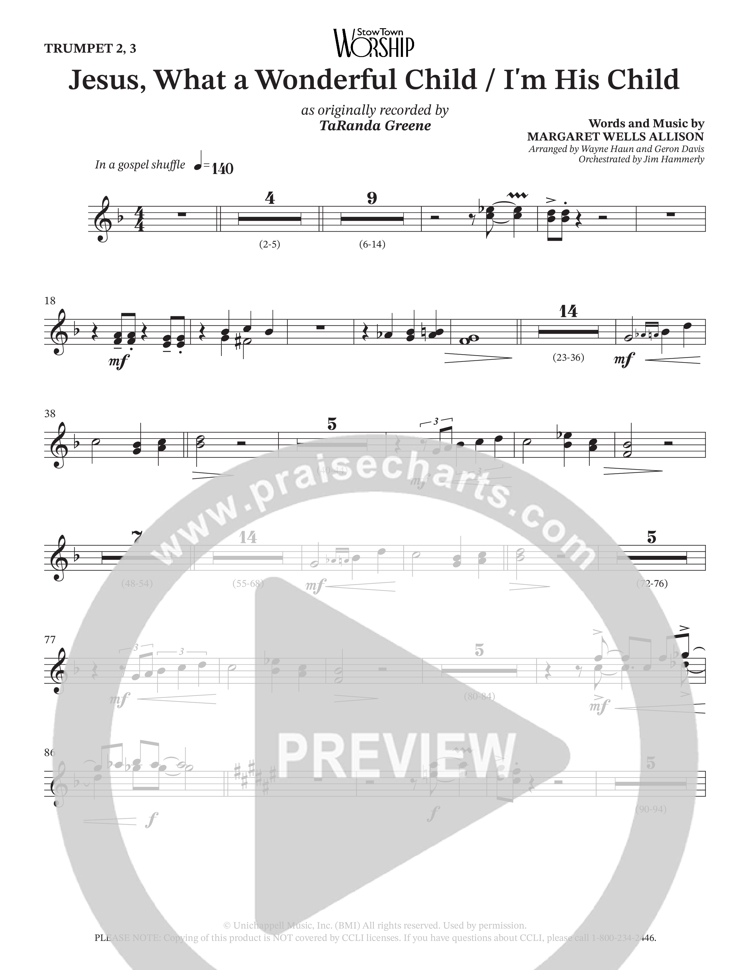 Jesus What A Wonderful Child / I'm His Child (Choral Anthem SATB) Trumpet 2/3 (TaRanda Greene / Arr. Wayne Haun / Arr. Geron Davis)