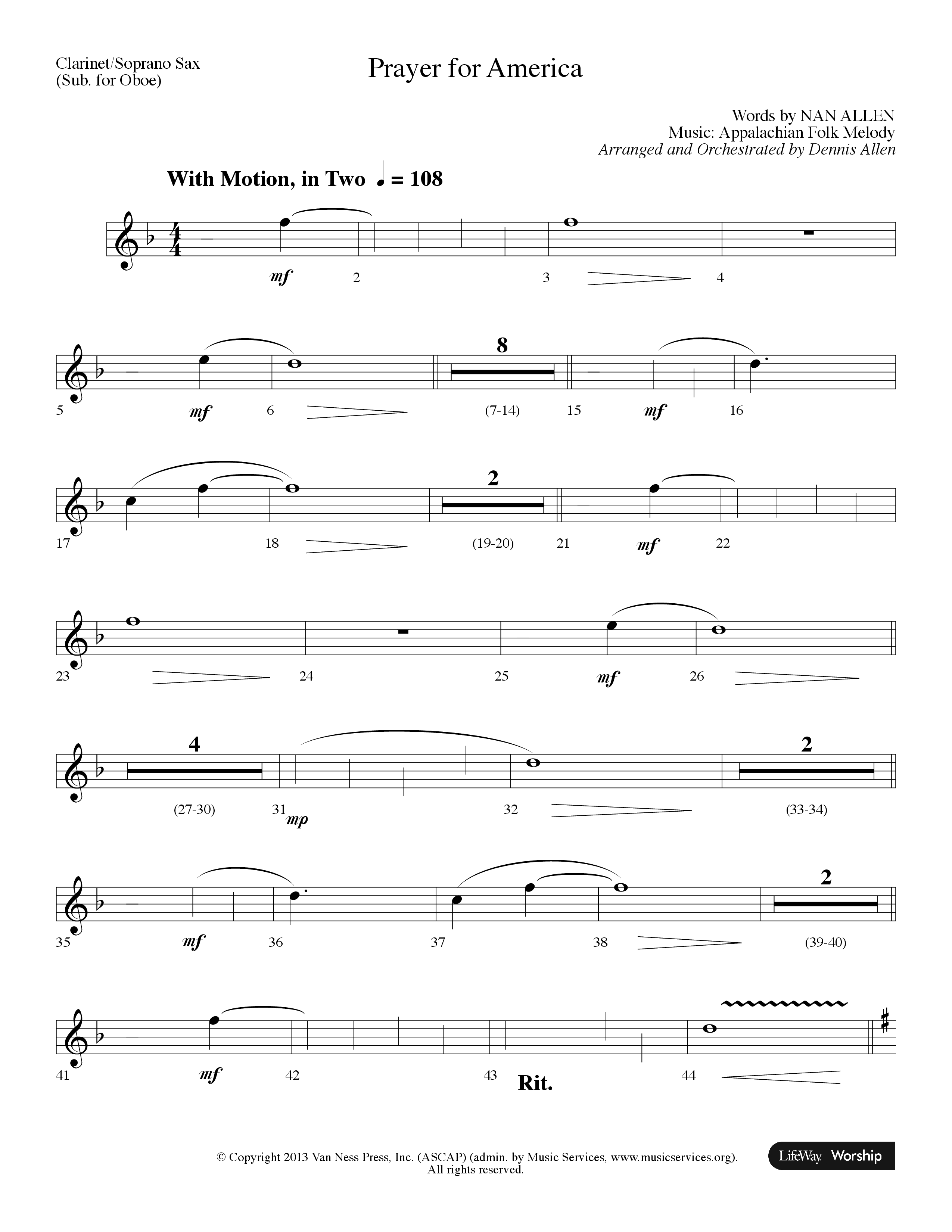 Prayer For America (Choral Anthem SATB) Clarinet/Soprano Sax (Lifeway Choral / Arr. Dennis Allen)