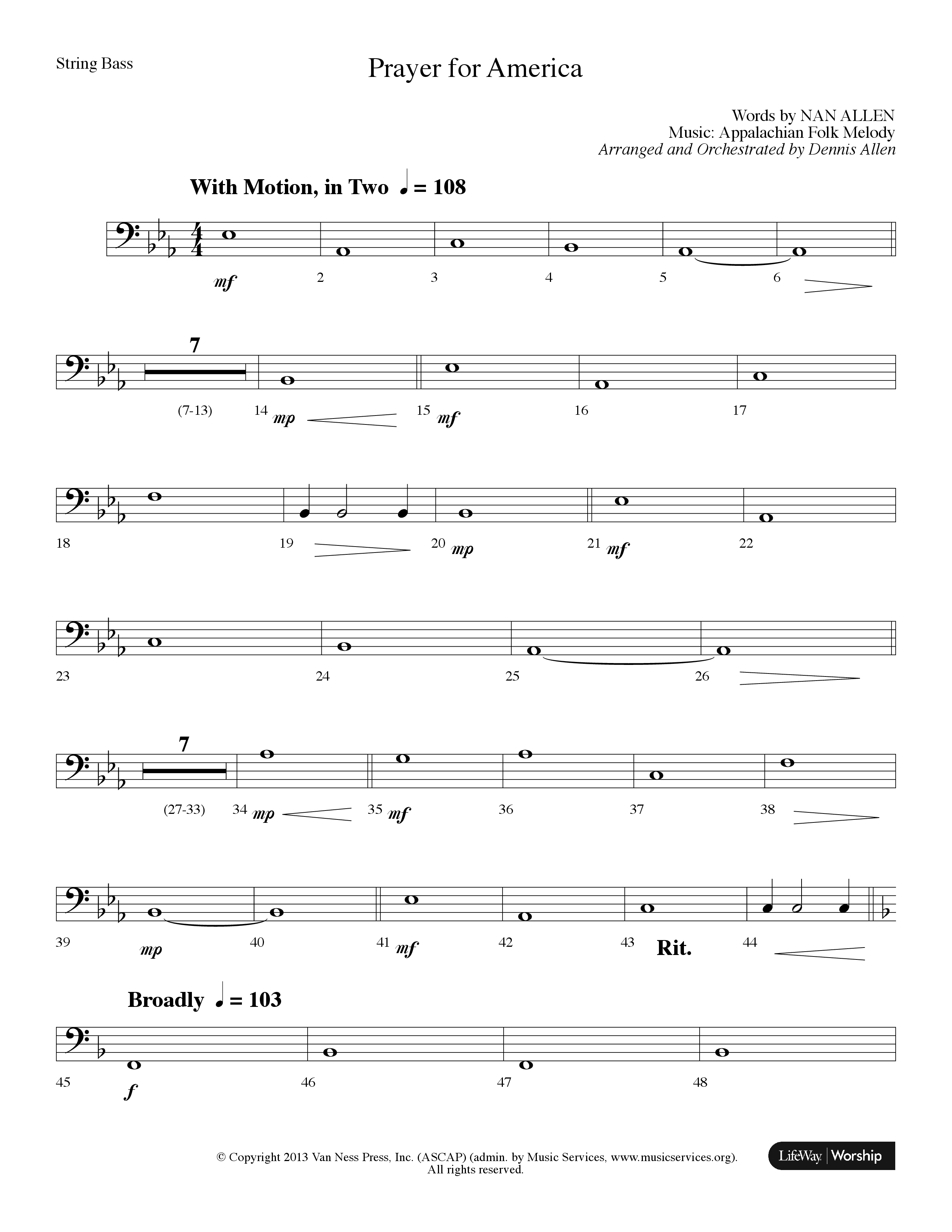 Prayer For America (Choral Anthem SATB) String Bass (Lifeway Choral / Arr. Dennis Allen)