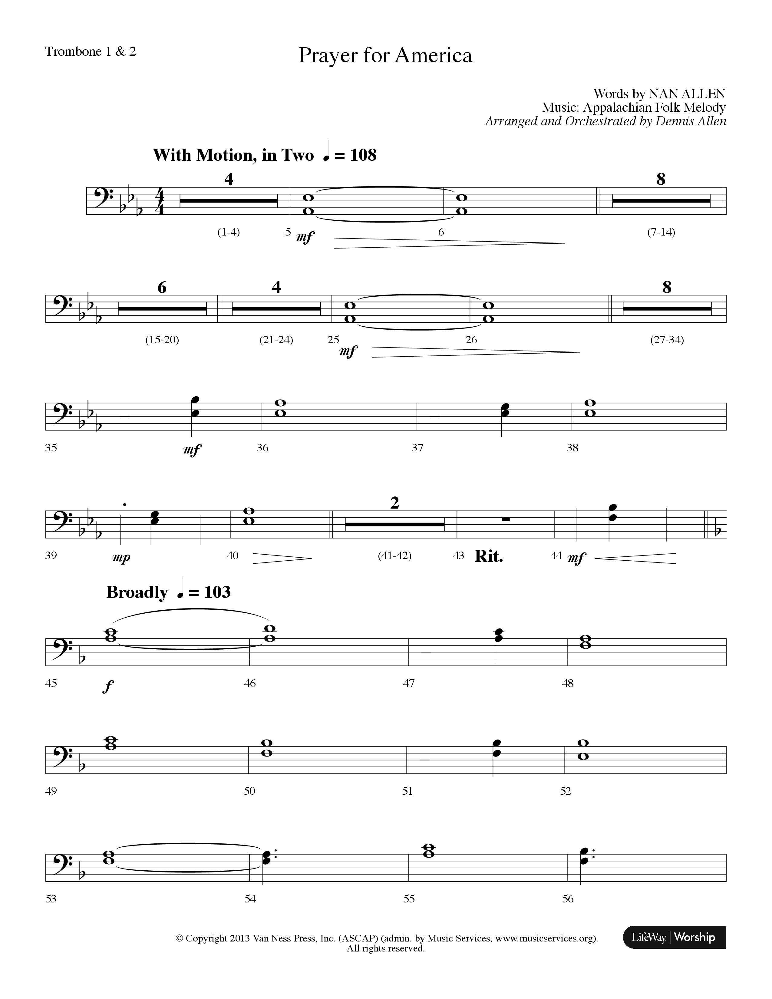 Prayer For America (Choral Anthem SATB) Trombone 1/2 (Lifeway Choral / Arr. Dennis Allen)