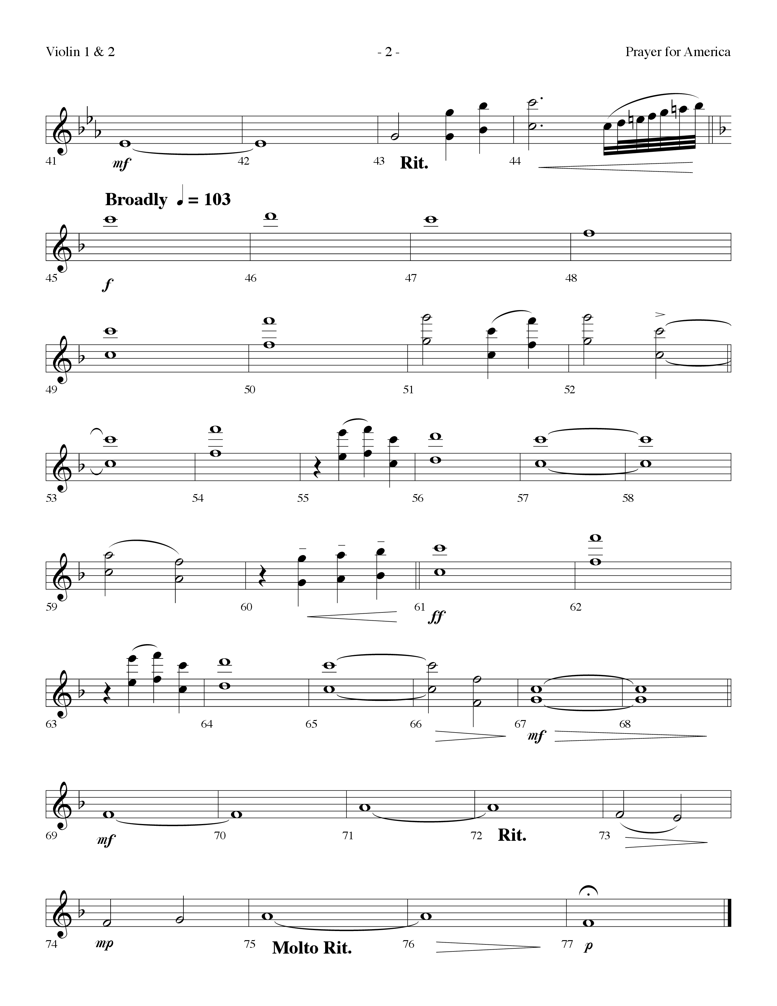 Prayer For America (Choral Anthem SATB) Violin 1/2 (Lifeway Choral / Arr. Dennis Allen)