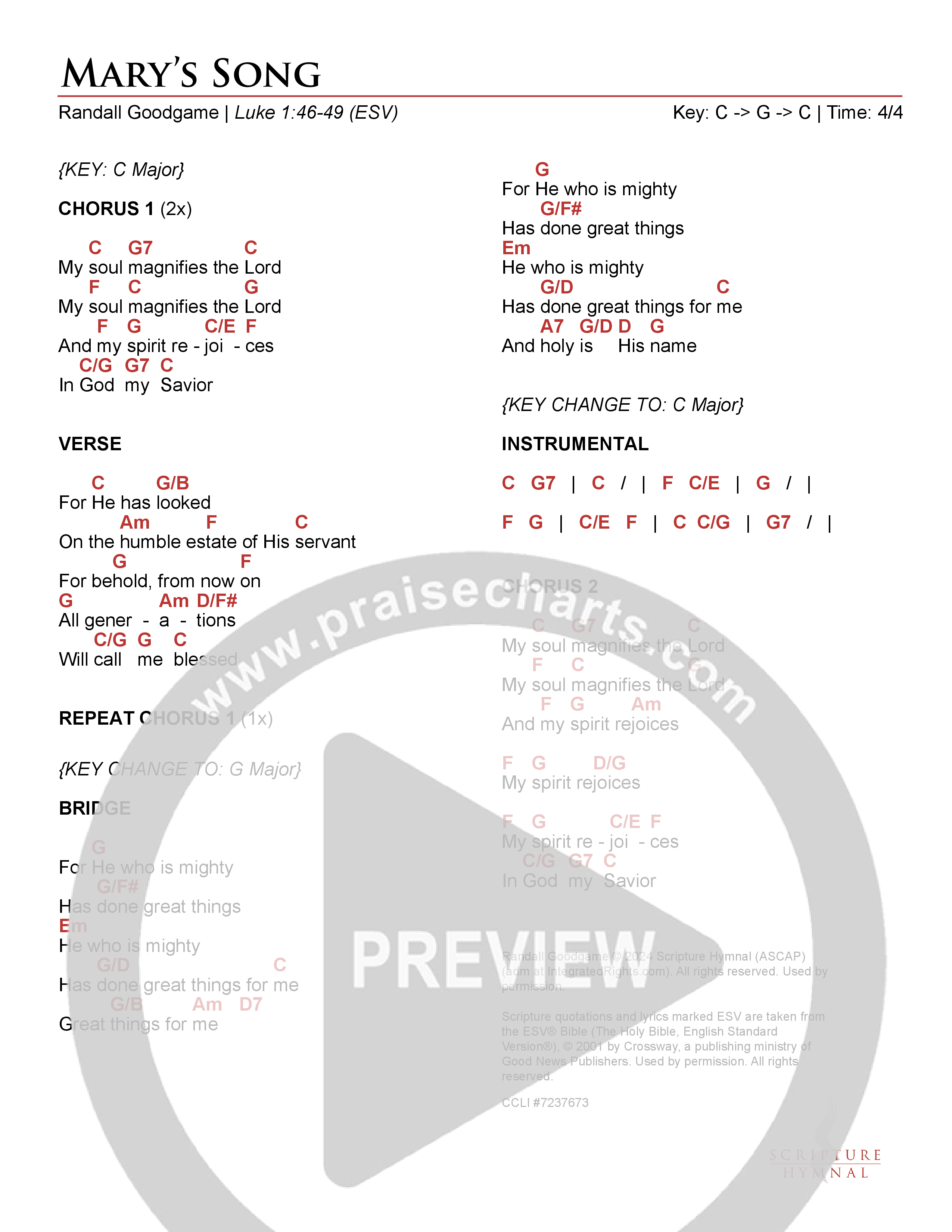 Mary's Song Chord Chart (Scripture Hymnal)