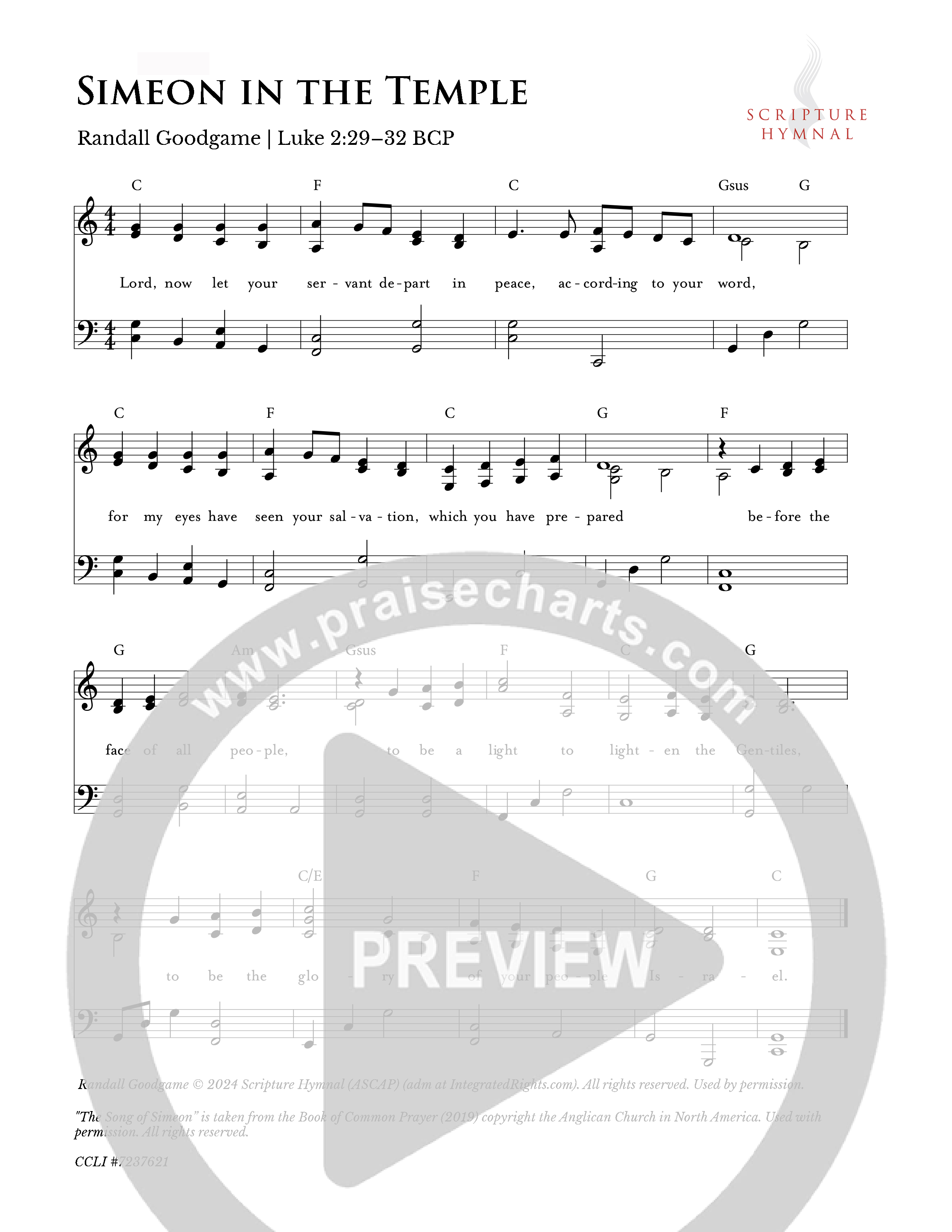 Simeon In The Temple Hymn Sheet (Scripture Hymnal)