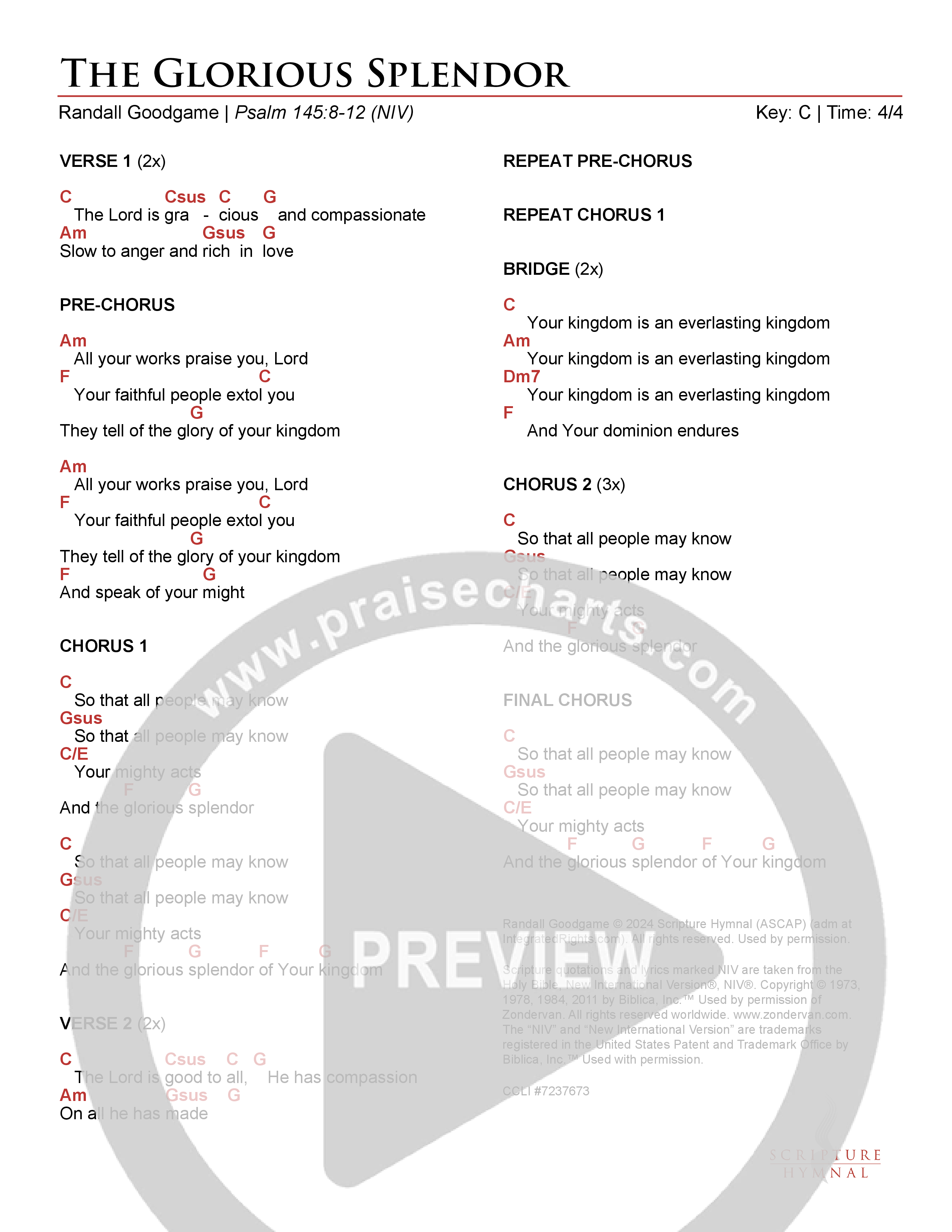 The Glorious Splendor Chord Chart (Scripture Hymnal)