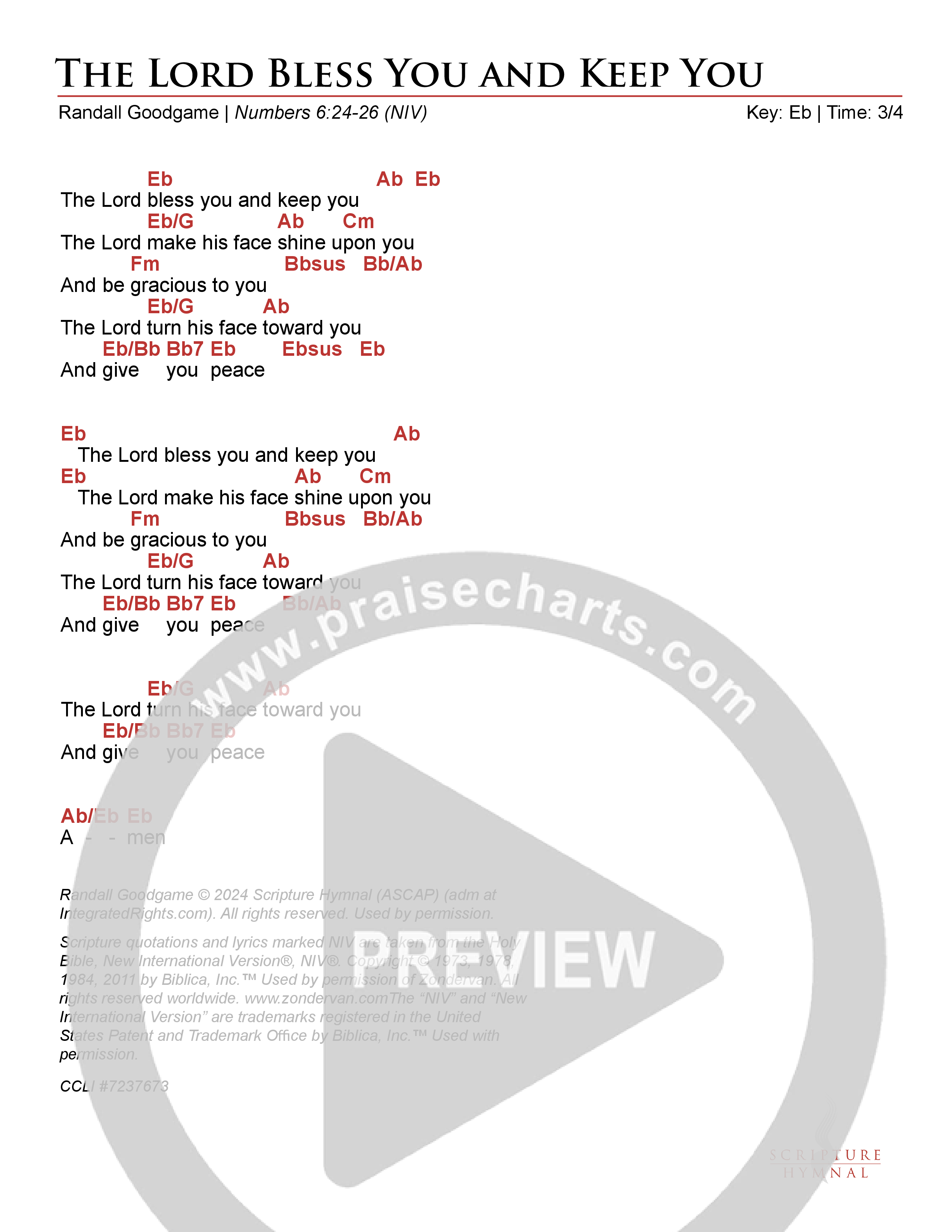 The Lord Bless You And Keep You Chord Chart (Scripture Hymnal)