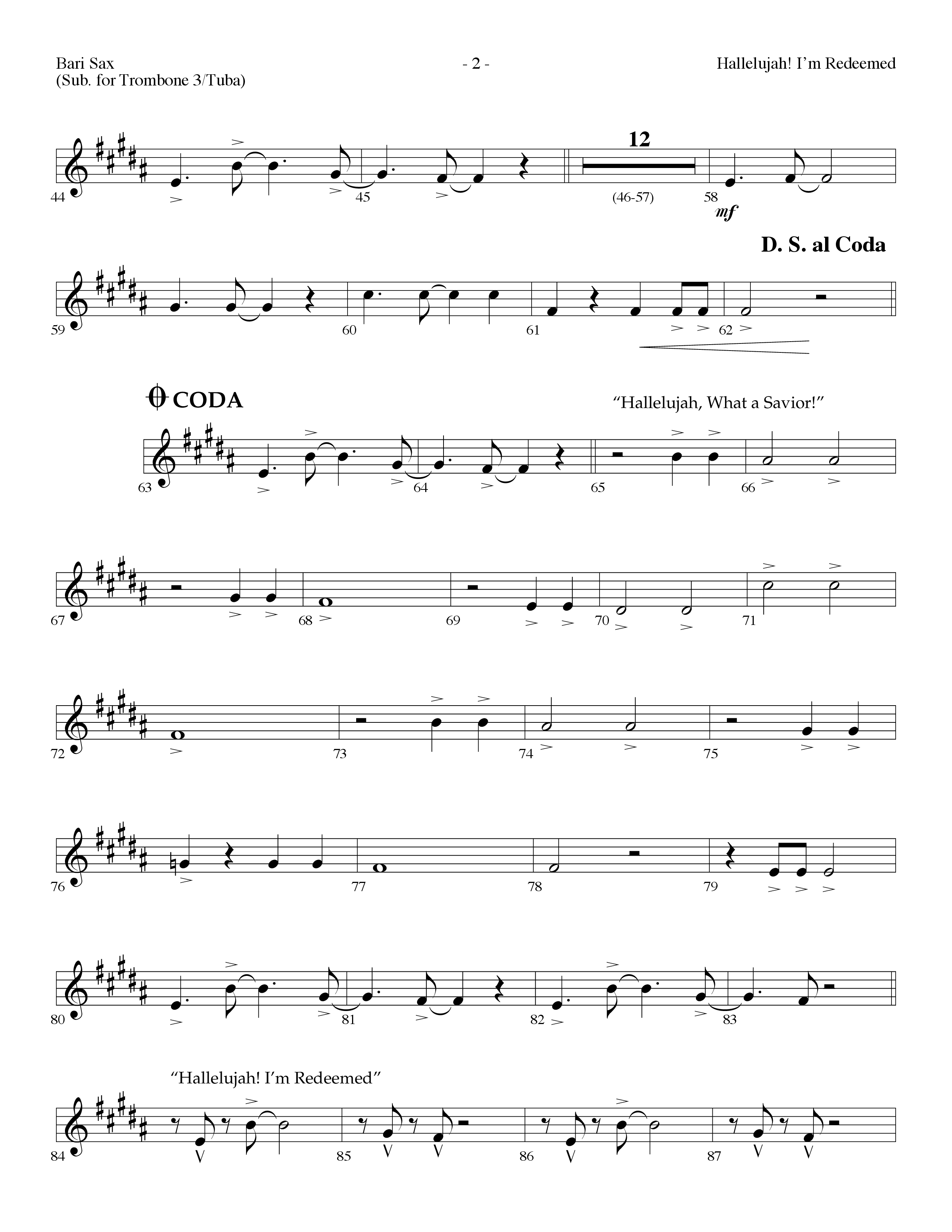 Hallelujah I'm Redeemed (with Hallelujah What A Savior) (Choral Anthem SATB) Bari Sax (Lifeway Choral / Arr. Dennis Allen)