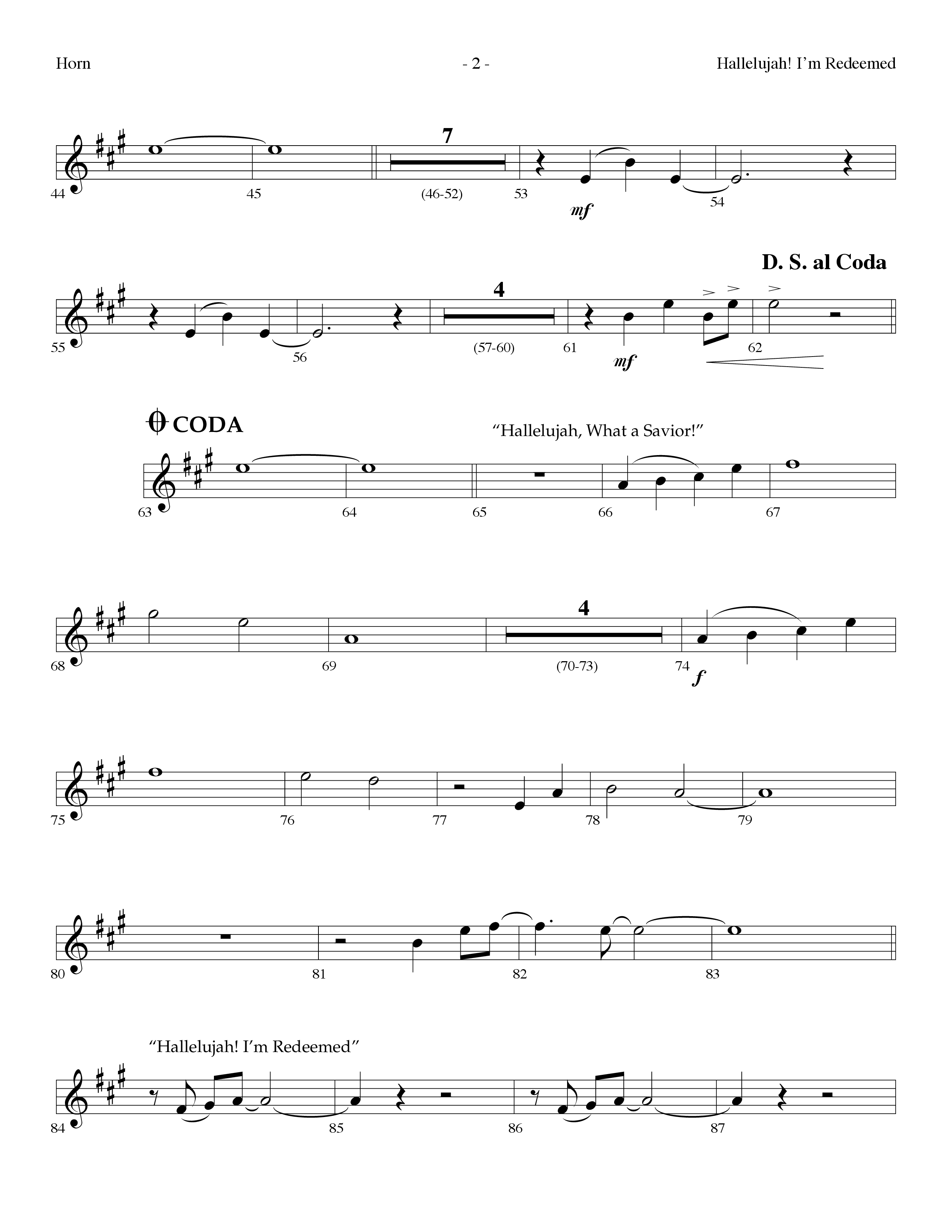 Hallelujah I'm Redeemed (with Hallelujah What A Savior) (Choral Anthem SATB) French Horn (Lifeway Choral / Arr. Dennis Allen)