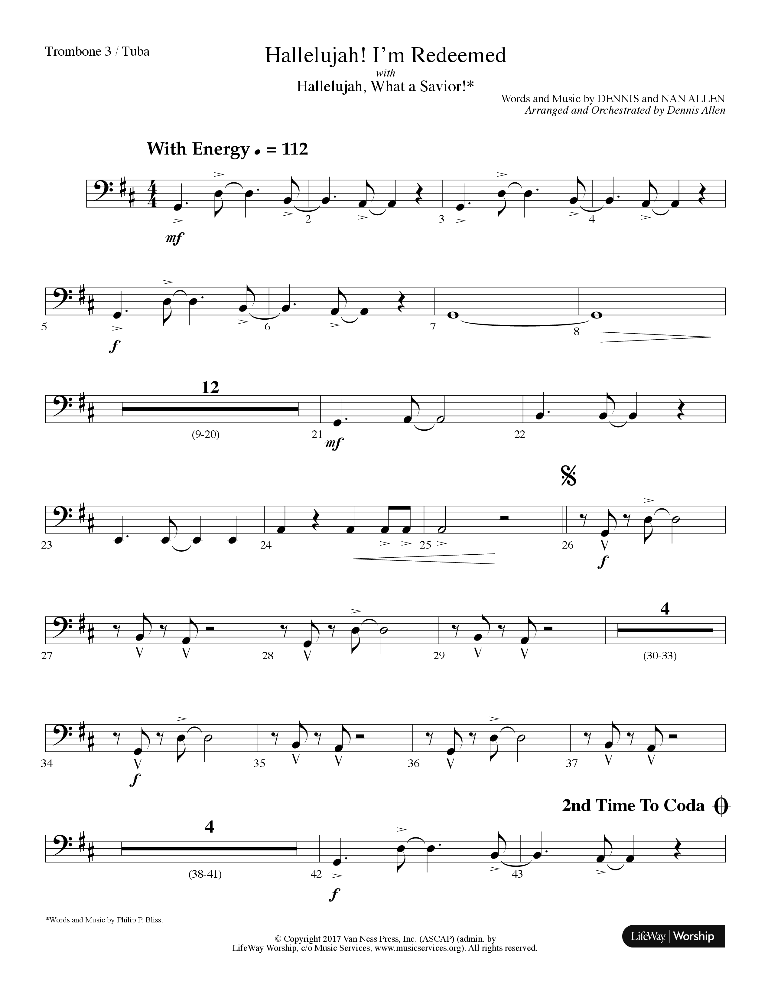 Hallelujah I'm Redeemed (with Hallelujah What A Savior) (Choral Anthem SATB) Trombone 3/Tuba (Lifeway Choral / Arr. Dennis Allen)