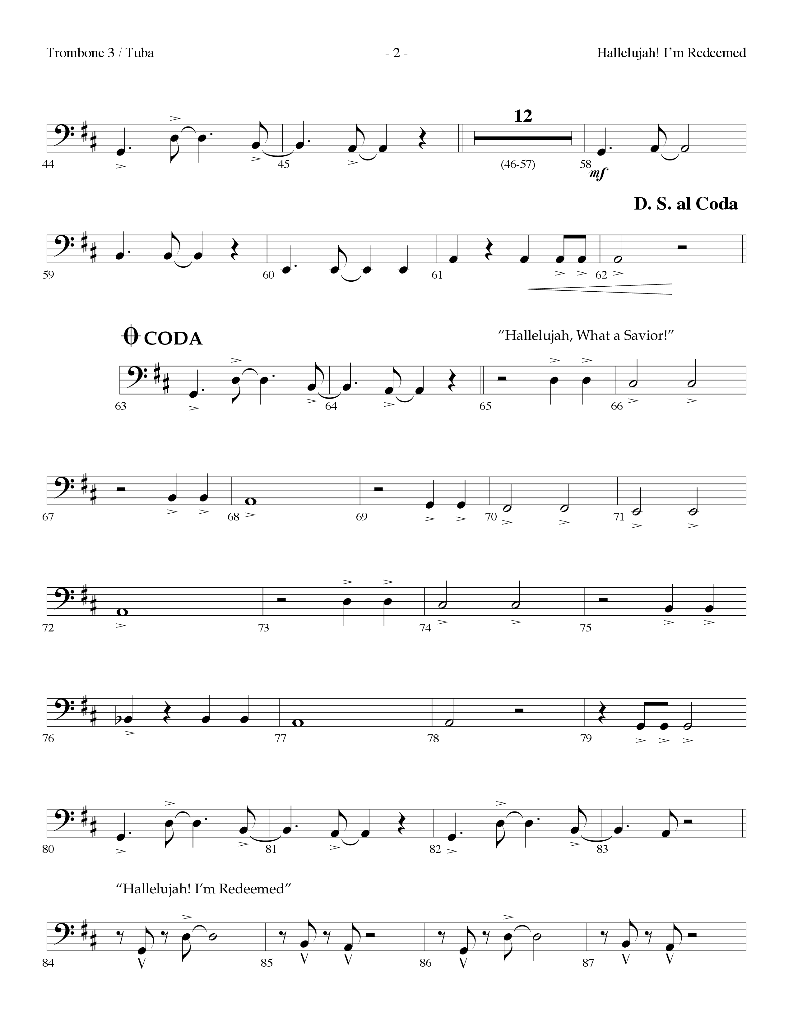 Hallelujah I'm Redeemed (with Hallelujah What A Savior) (Choral Anthem SATB) Trombone 3/Tuba (Lifeway Choral / Arr. Dennis Allen)