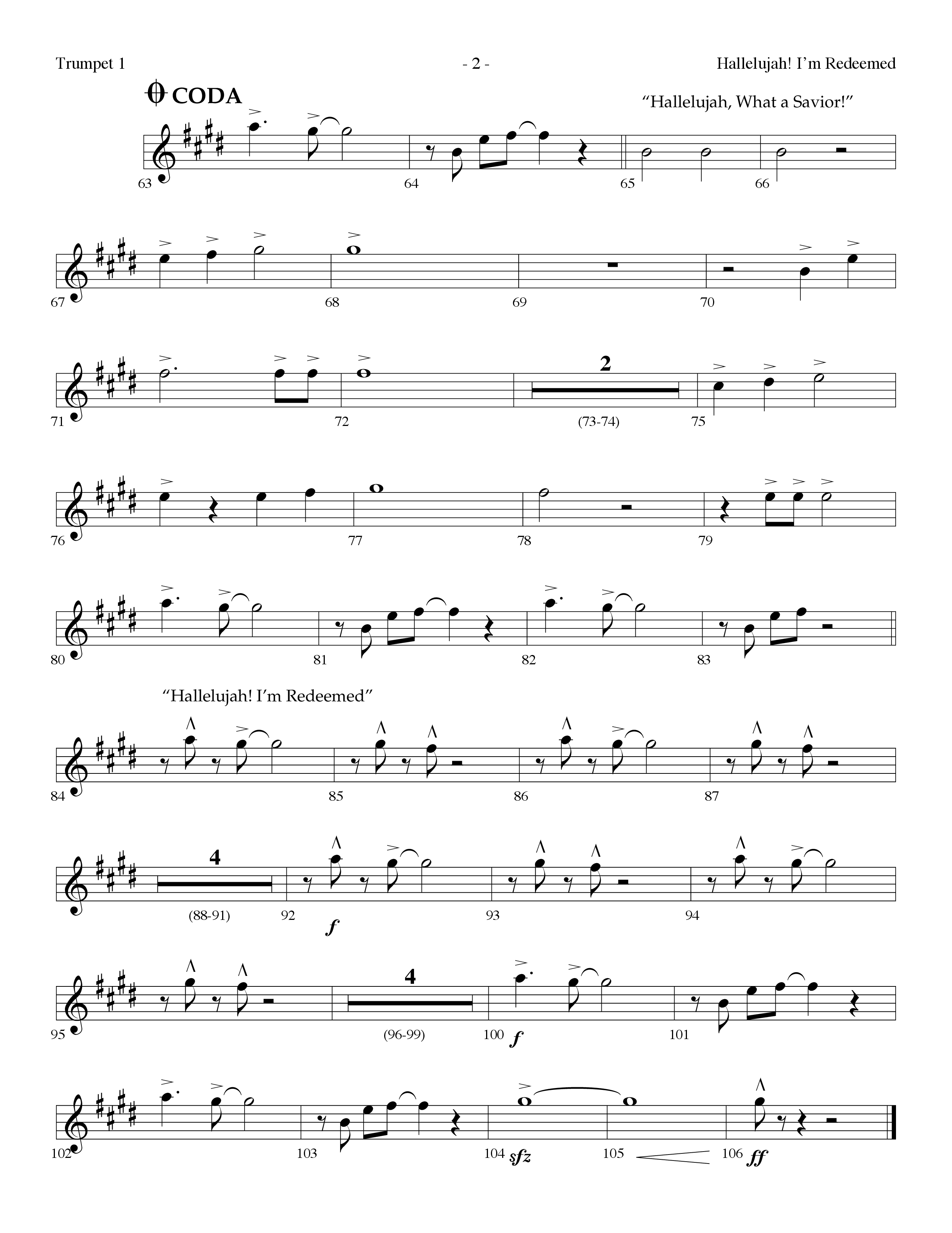 Hallelujah I'm Redeemed (with Hallelujah What A Savior) (Choral Anthem SATB) Trumpet 1 (Lifeway Choral / Arr. Dennis Allen)