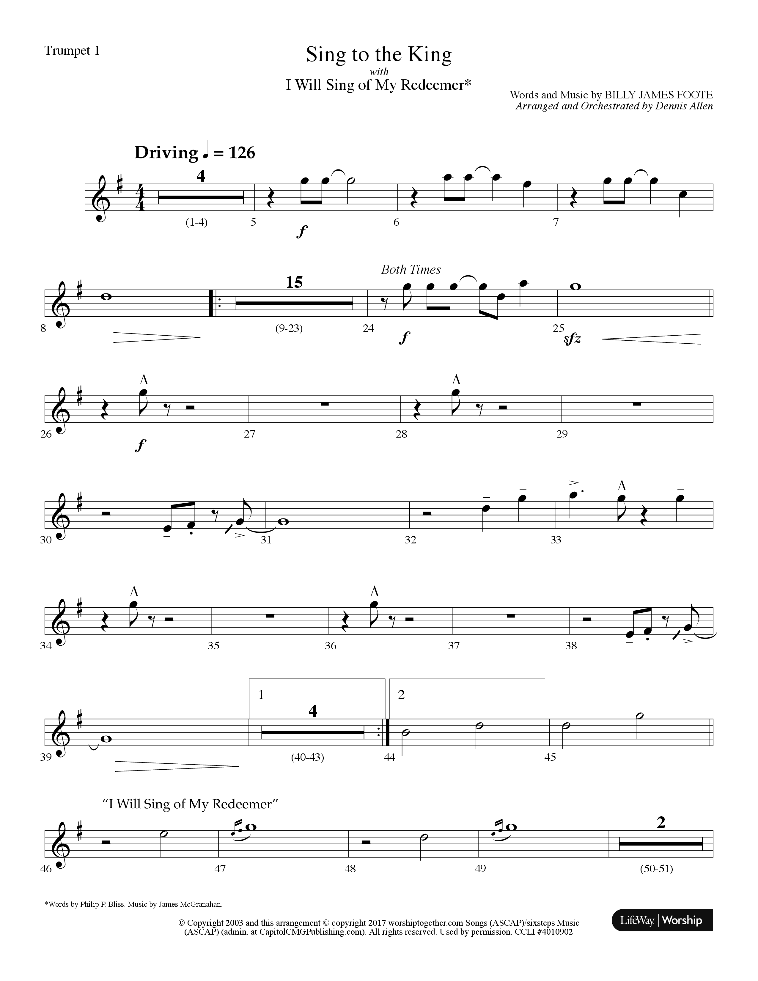 Sing To The King (with I Will Sing Of My Redeemer) (Choral Anthem SATB) Trumpet 1 (Lifeway Choral / Arr. Dennis Allen)