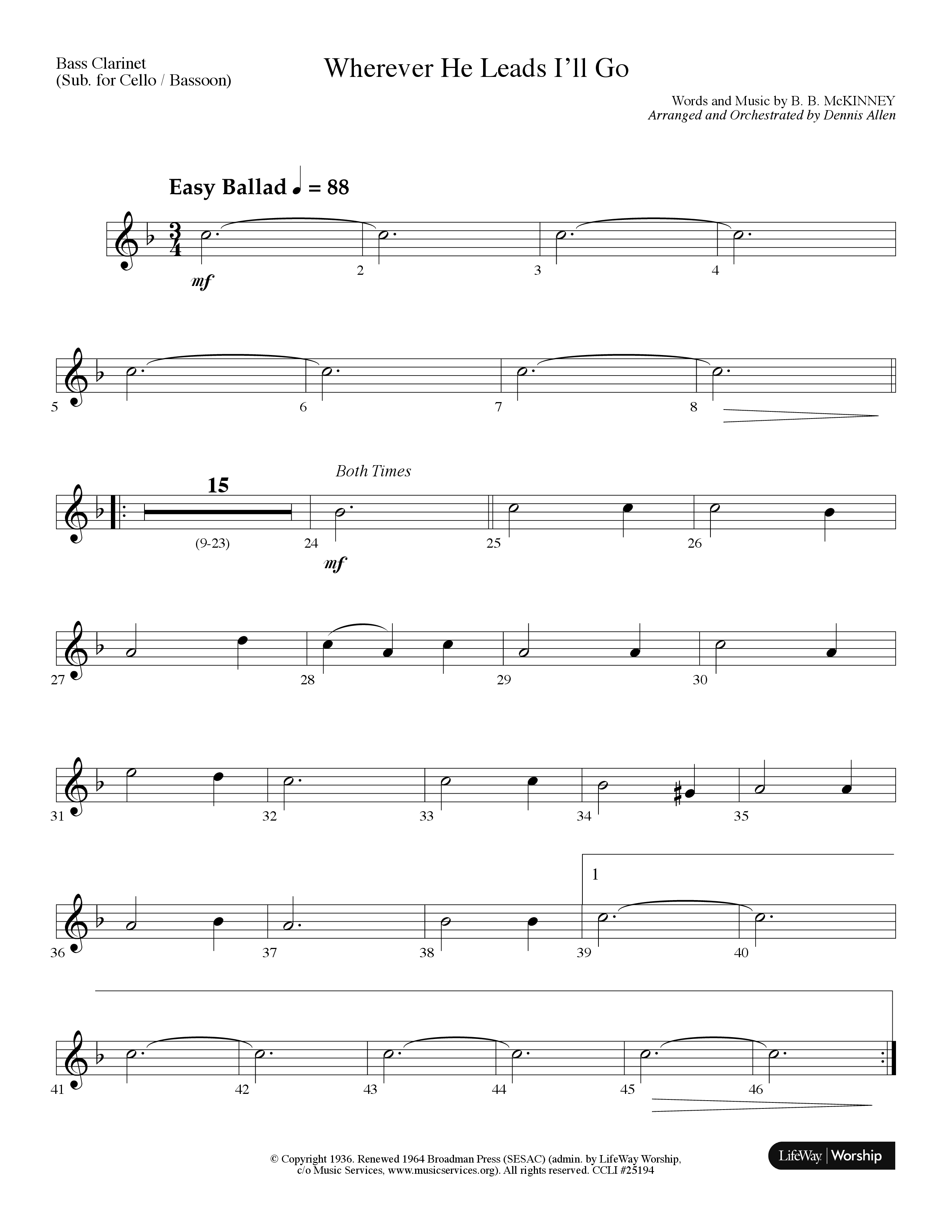 Wherever He Leads I'll Go (Choral Anthem SATB) Bass Clarinet (Lifeway Choral / Arr. Dennis Allen)