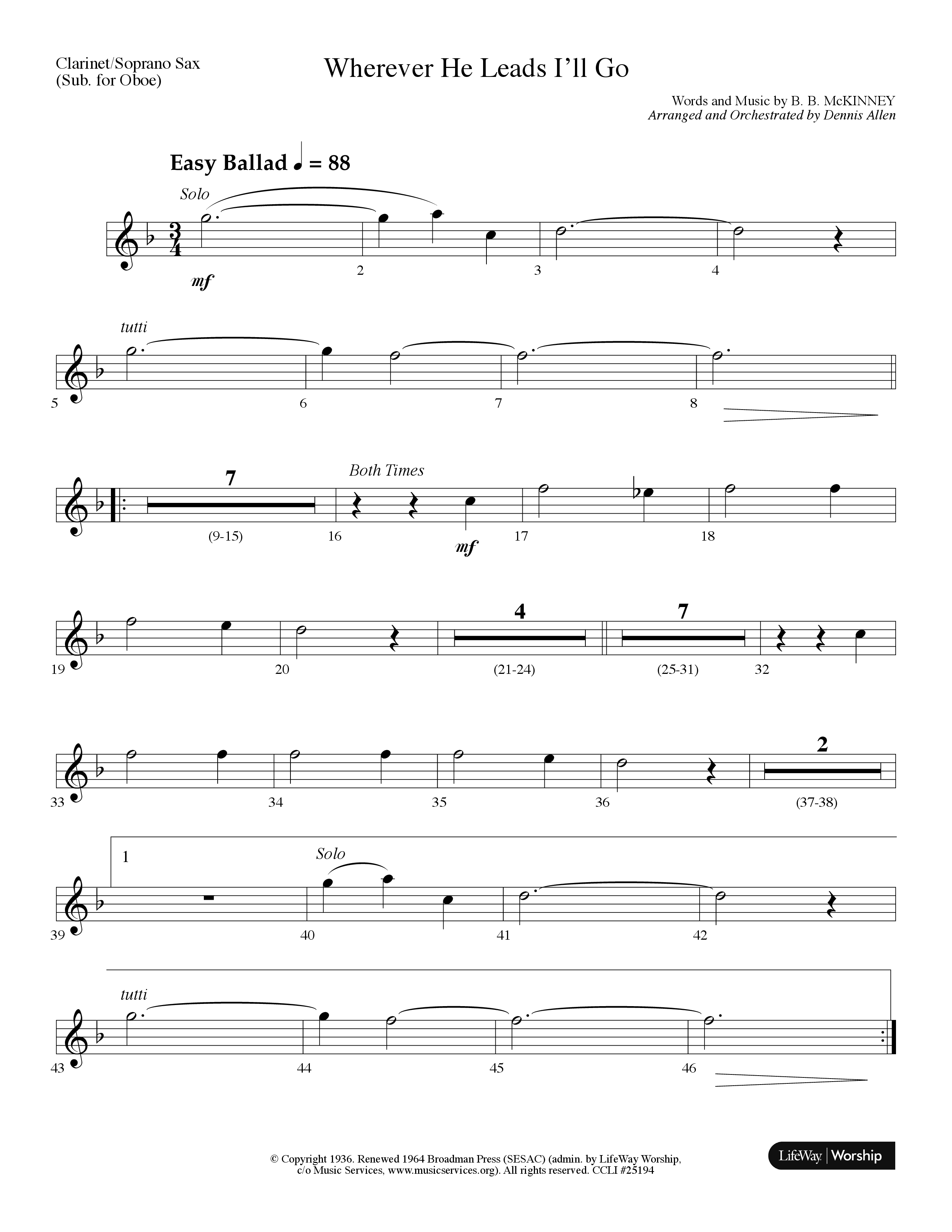 Wherever He Leads I'll Go (Choral Anthem SATB) Clarinet/Soprano Sax (Lifeway Choral / Arr. Dennis Allen)