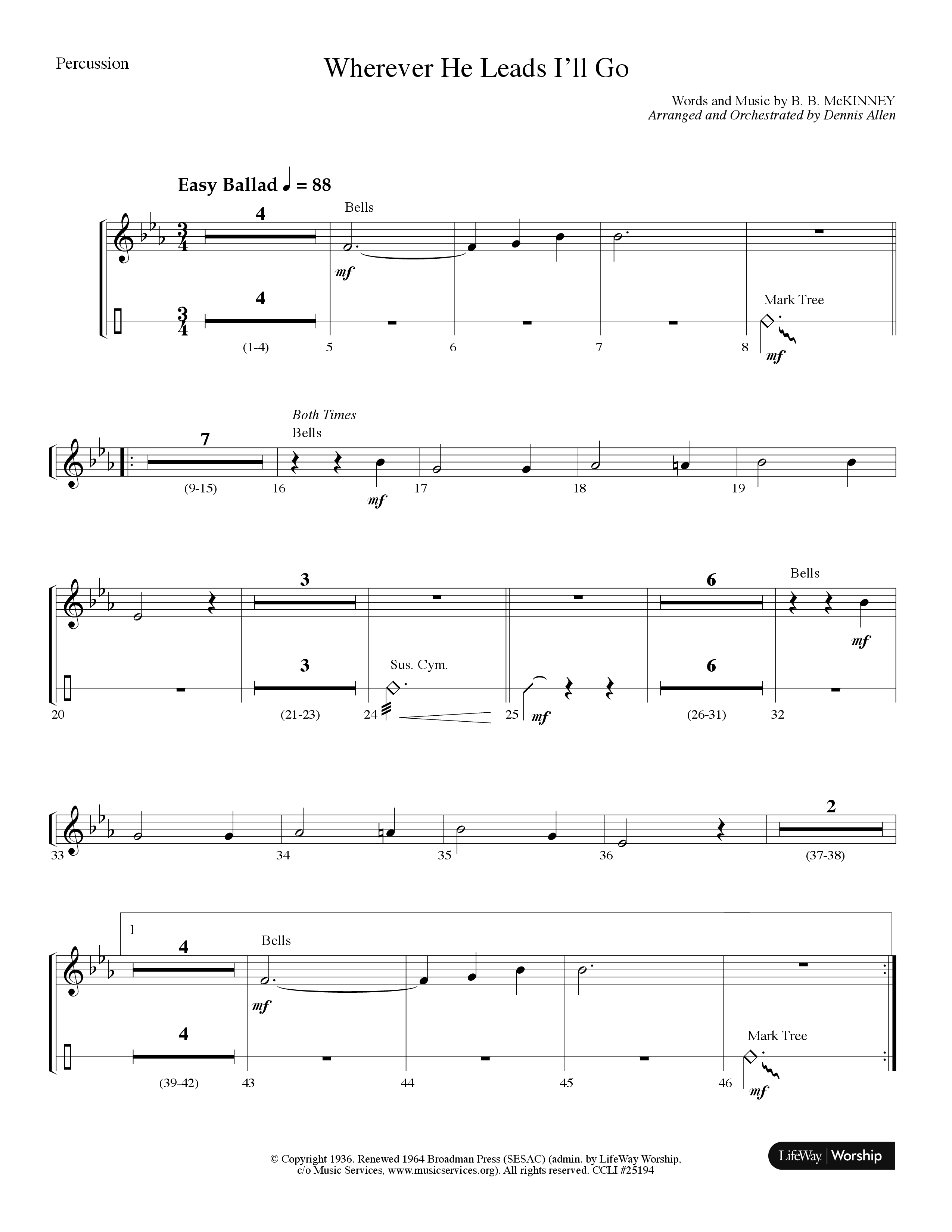 Wherever He Leads I'll Go (Choral Anthem SATB) Percussion (Lifeway Choral / Arr. Dennis Allen)