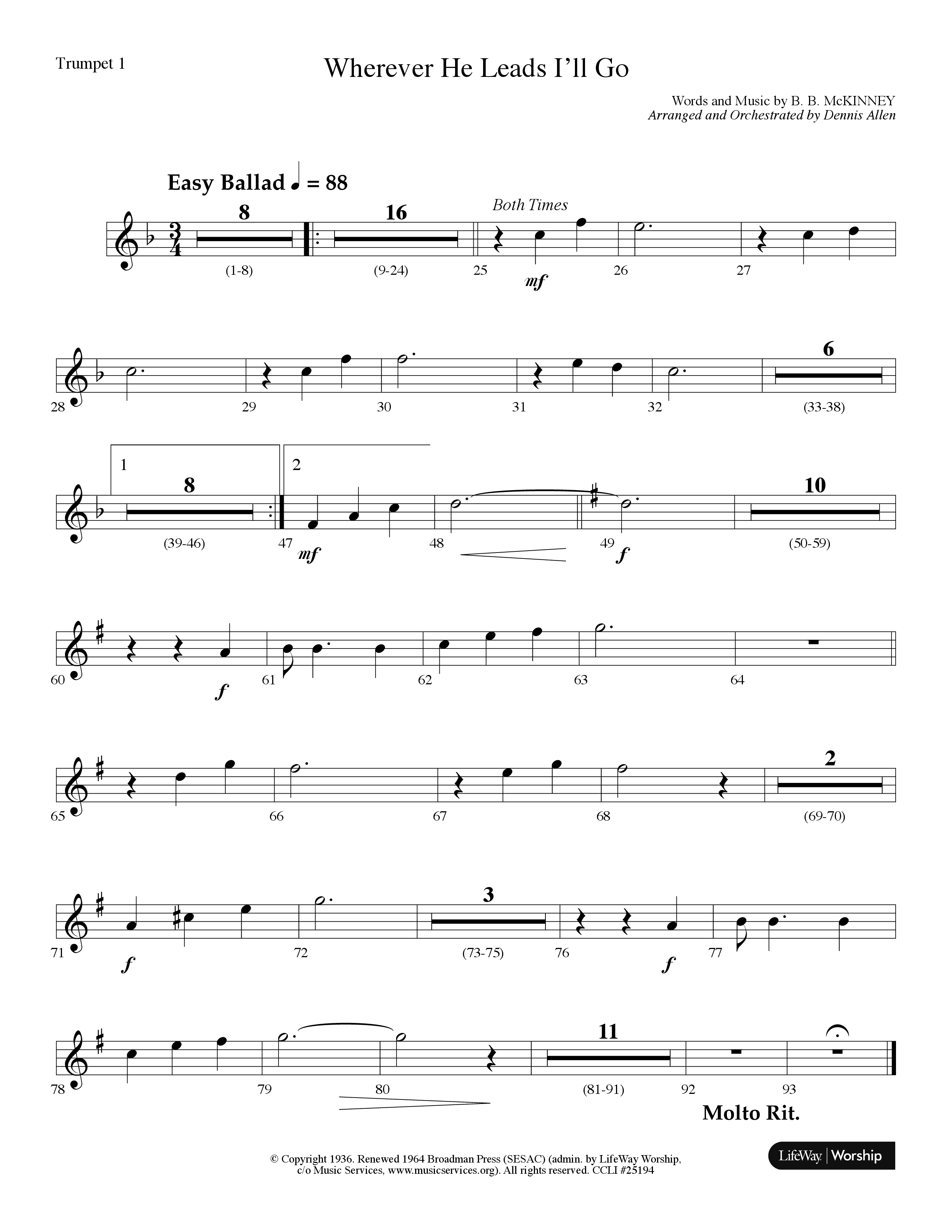 Wherever He Leads I'll Go (Choral Anthem SATB) Trumpet 1 (Lifeway Choral / Arr. Dennis Allen)