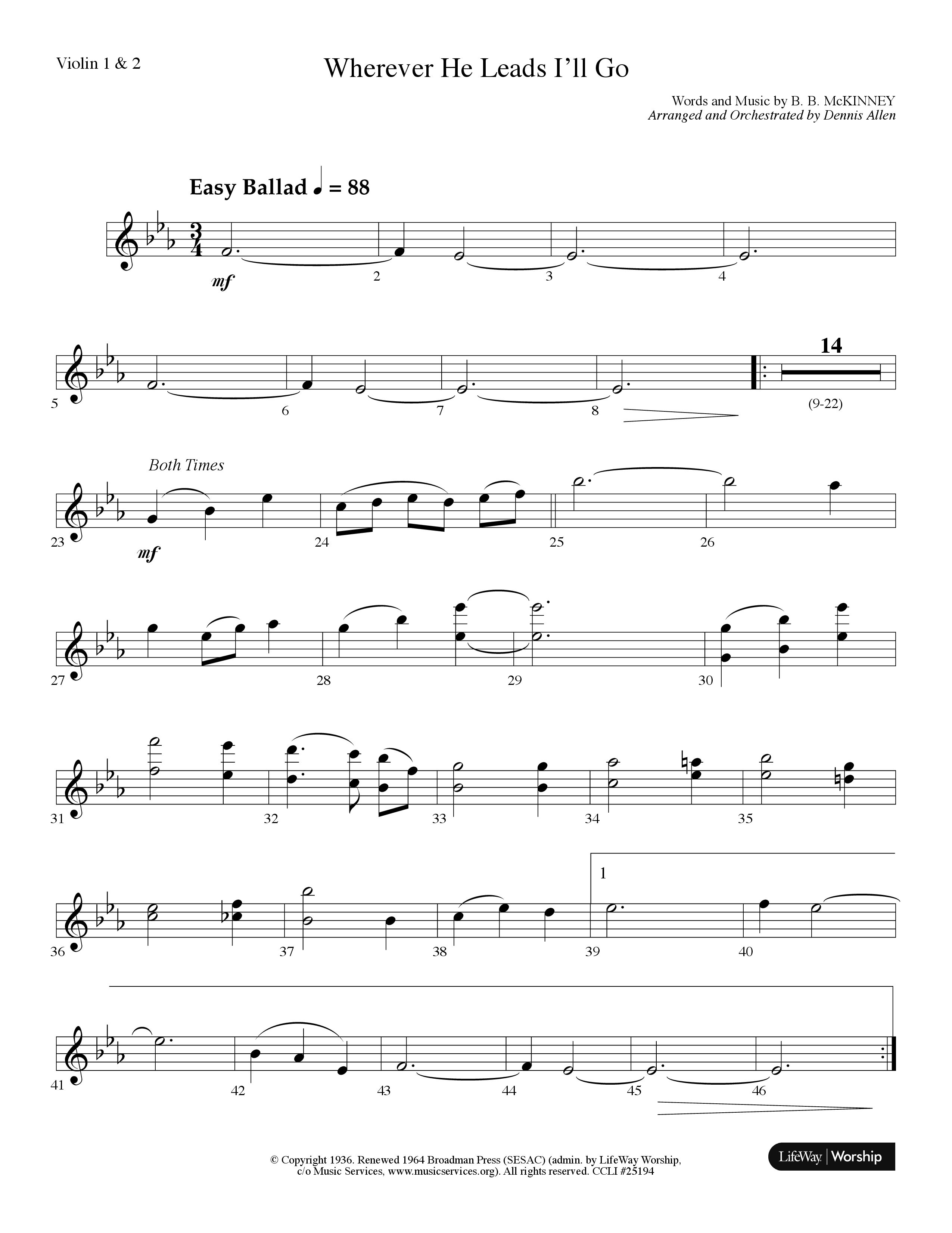 Wherever He Leads I'll Go (Choral Anthem SATB) Violin 1/2 (Lifeway Choral / Arr. Dennis Allen)