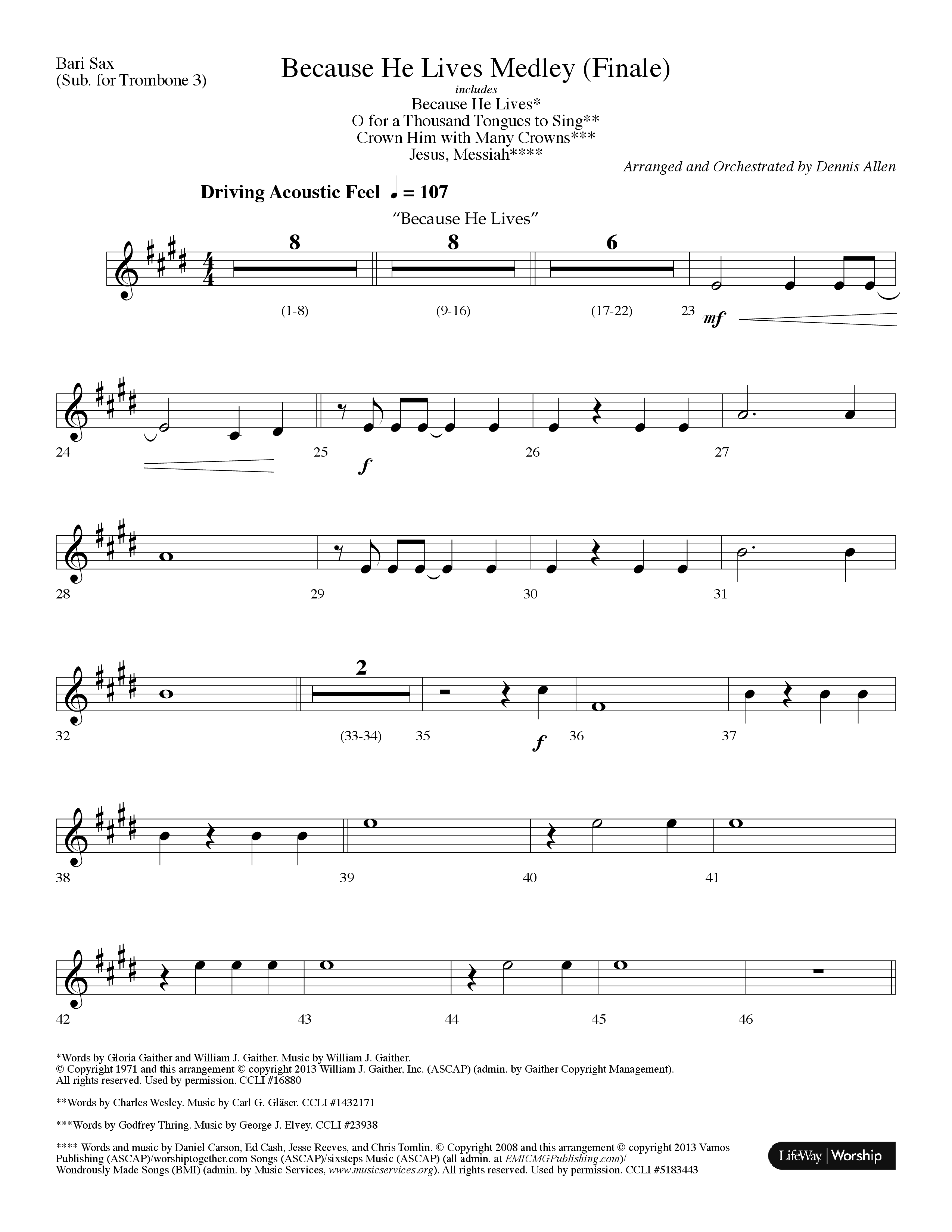 Because He Lives Medley (with O For A Thousand Tongues To Sing, Crown Him With Many Crowns) (Choral Anthem SATB) Bari Sax (Lifeway Choral / Arr. Dennis Allen)