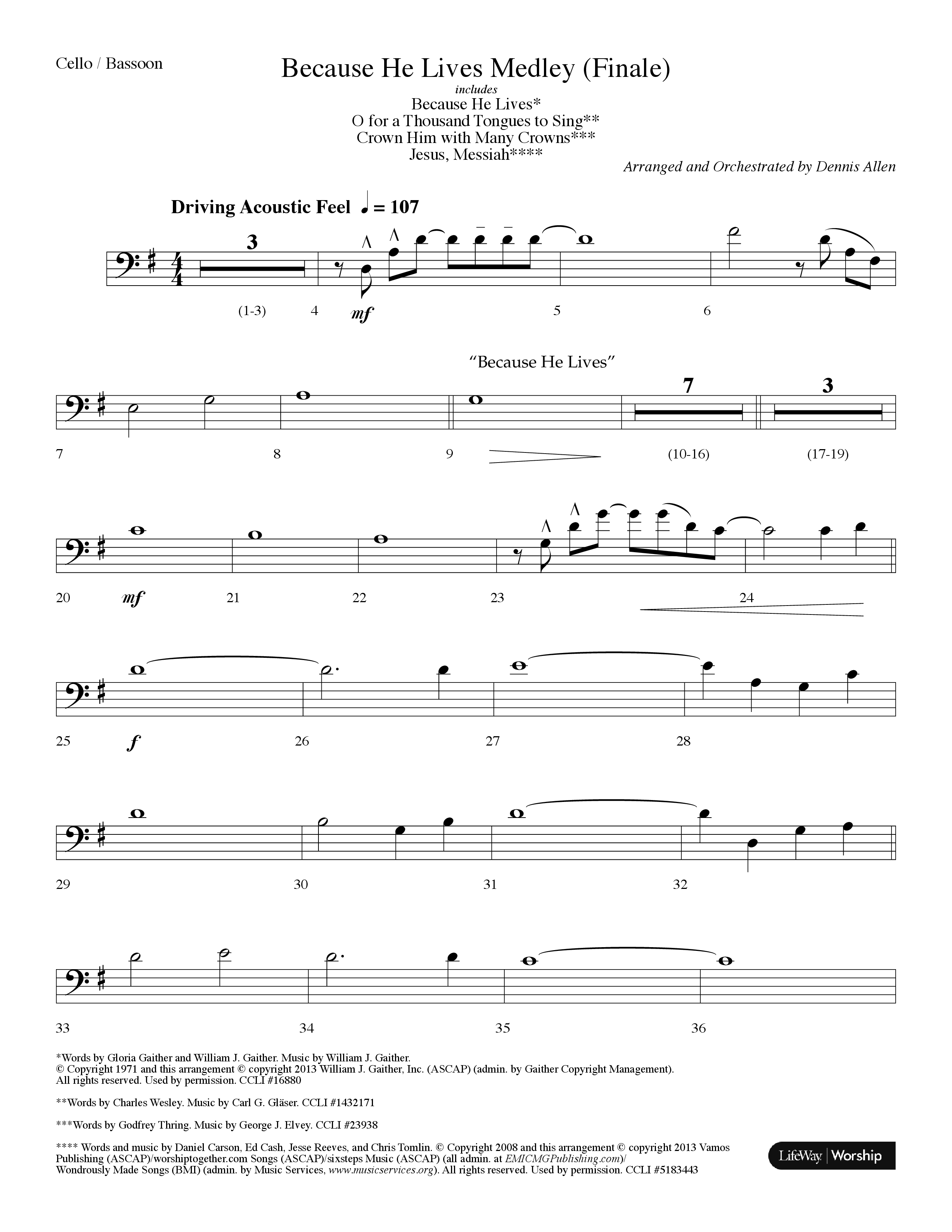 Because He Lives Medley (with O For A Thousand Tongues To Sing, Crown Him With Many Crowns) (Choral Anthem SATB) Cello (Lifeway Choral / Arr. Dennis Allen)