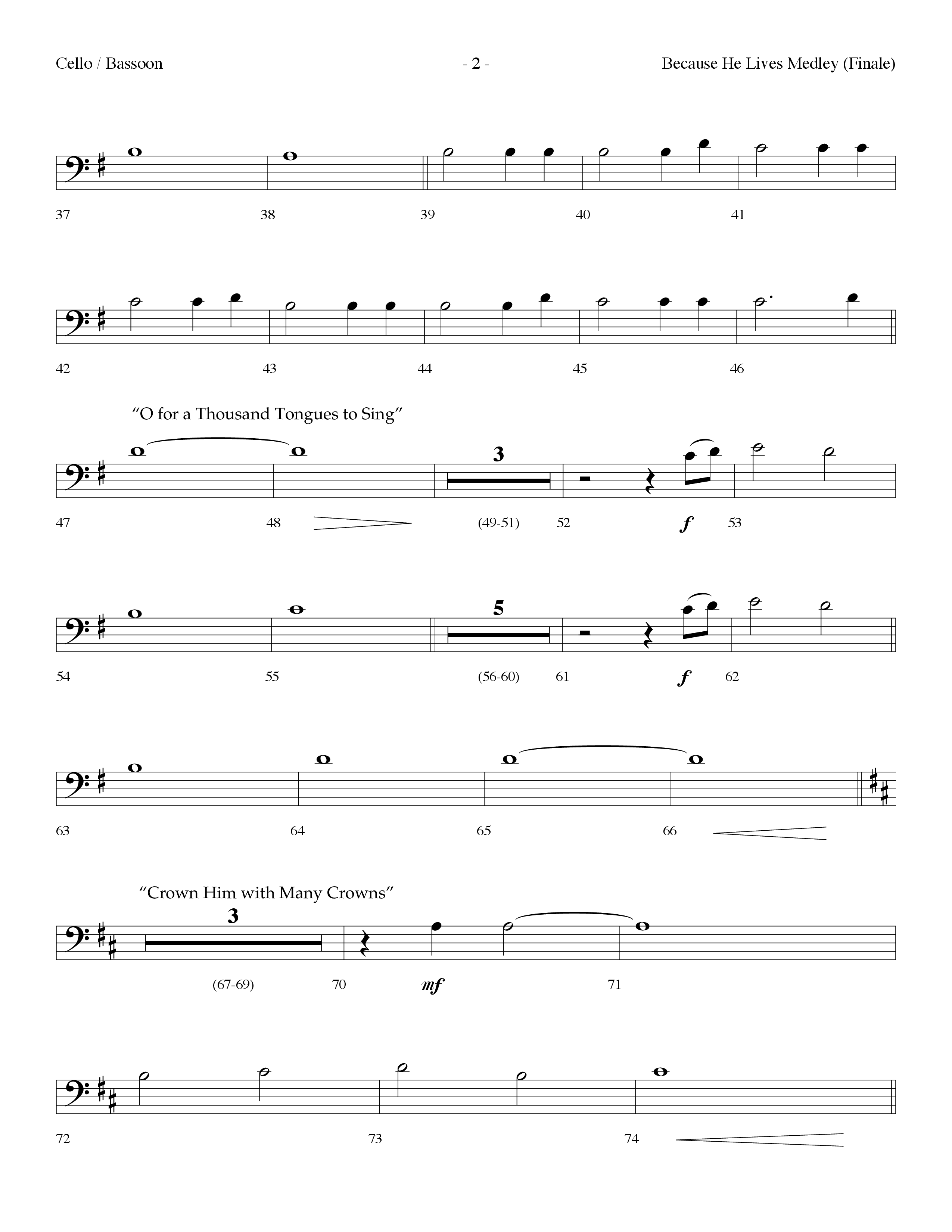 Because He Lives Medley (with O For A Thousand Tongues To Sing, Crown Him With Many Crowns) (Choral Anthem SATB) Cello (Lifeway Choral / Arr. Dennis Allen)