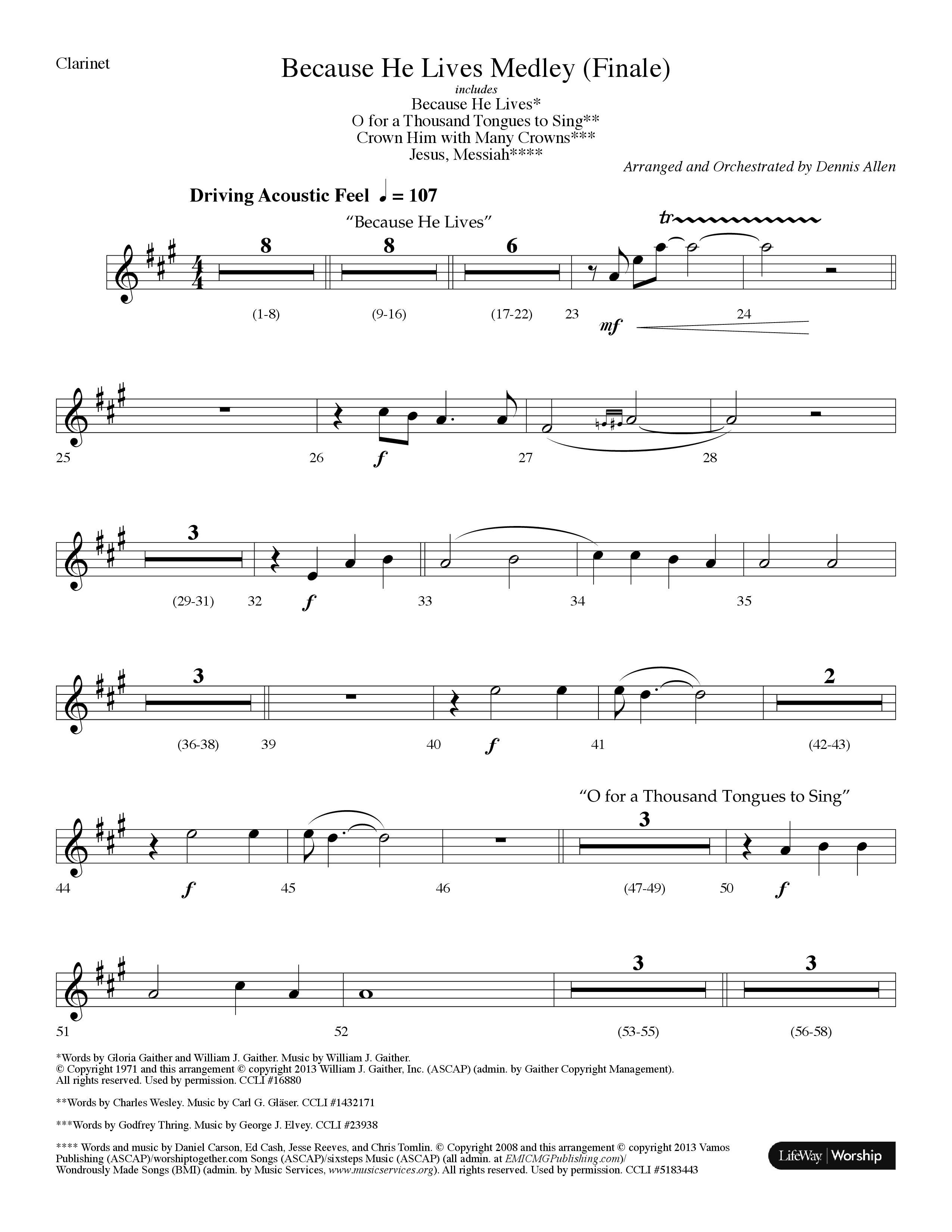 Because He Lives Medley (with O For A Thousand Tongues To Sing, Crown Him With Many Crowns) (Choral Anthem SATB) Clarinet (Lifeway Choral / Arr. Dennis Allen)