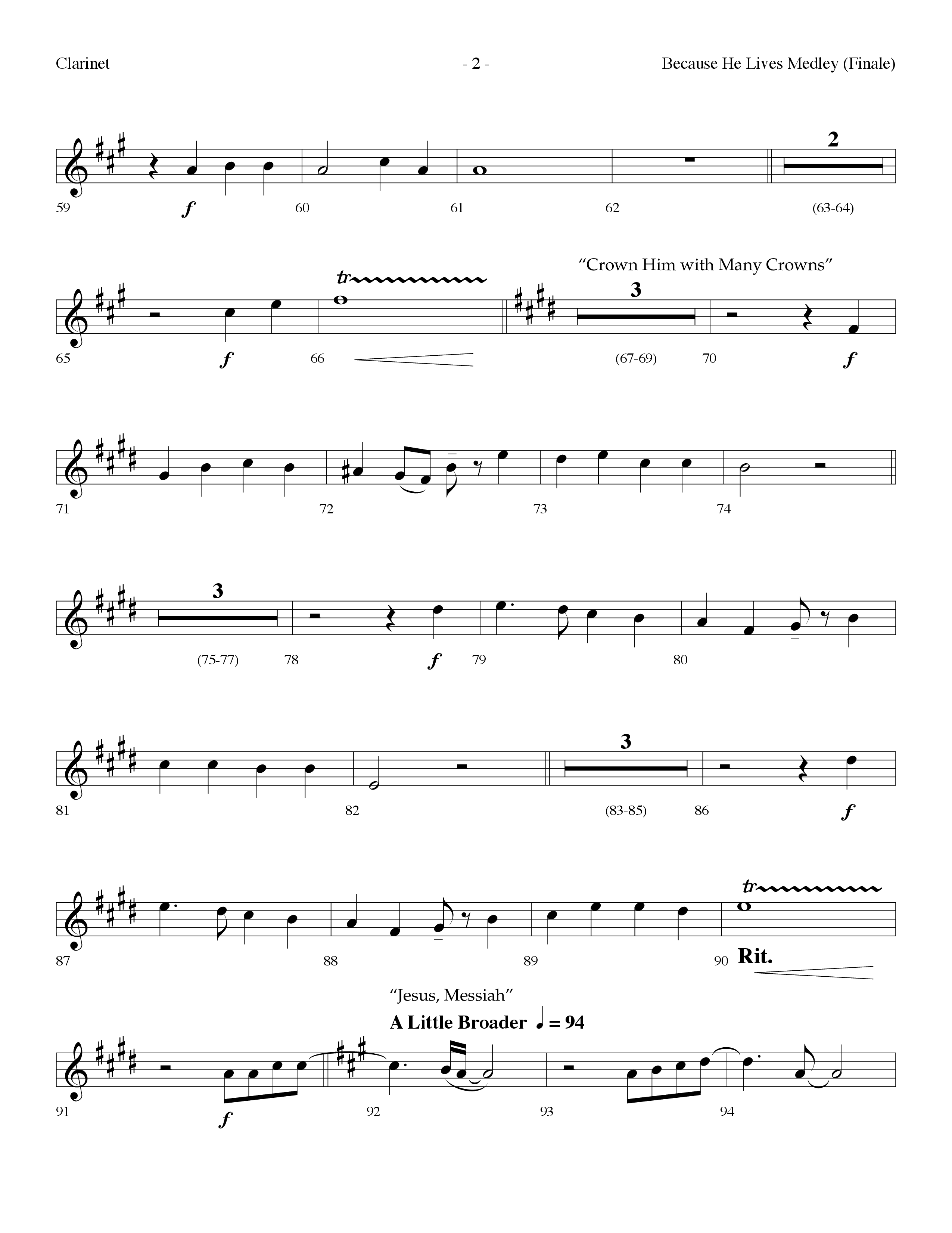 Because He Lives Medley (with O For A Thousand Tongues To Sing, Crown Him With Many Crowns) (Choral Anthem SATB) Clarinet (Lifeway Choral / Arr. Dennis Allen)