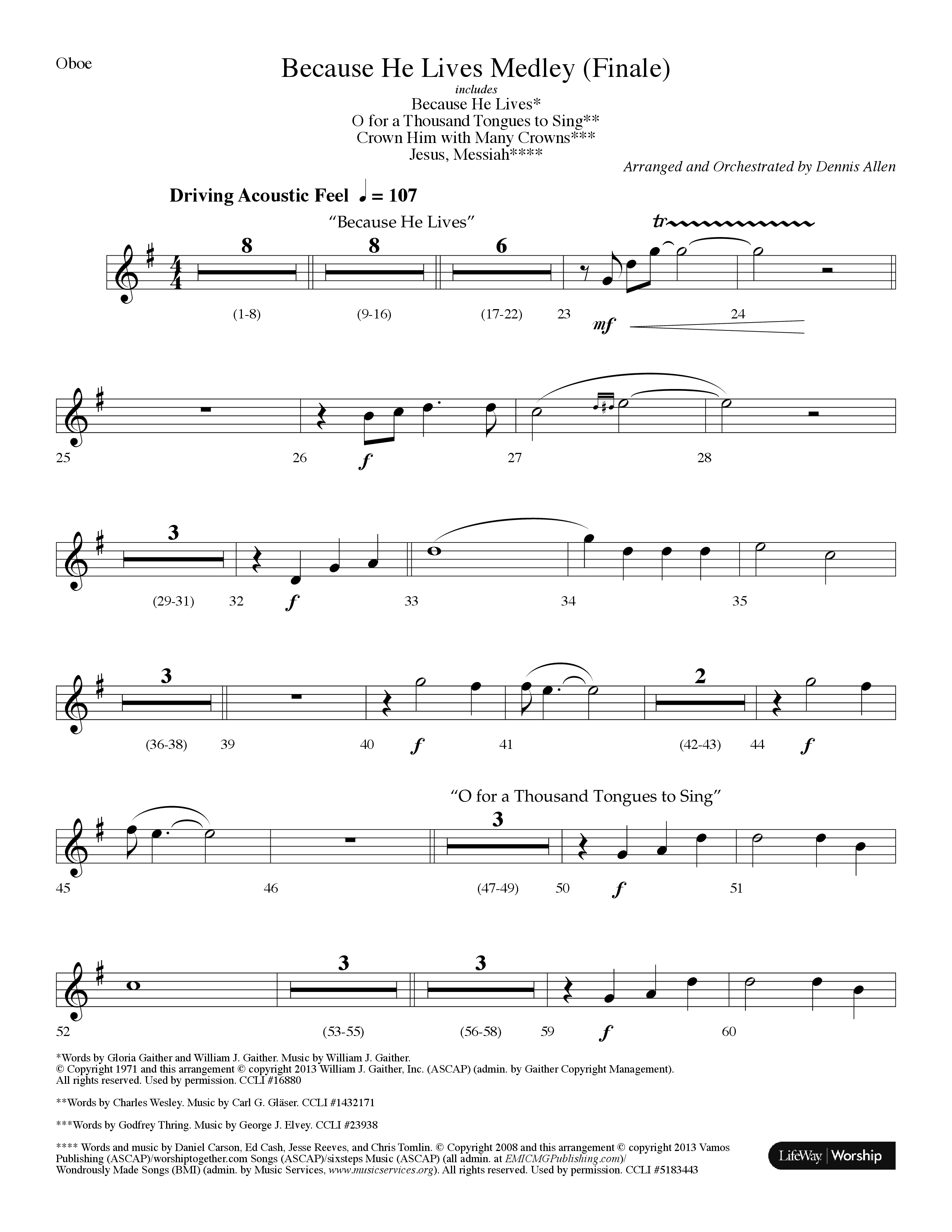 Because He Lives Medley (with O For A Thousand Tongues To Sing, Crown Him With Many Crowns) (Choral Anthem SATB) Oboe (Lifeway Choral / Arr. Dennis Allen)