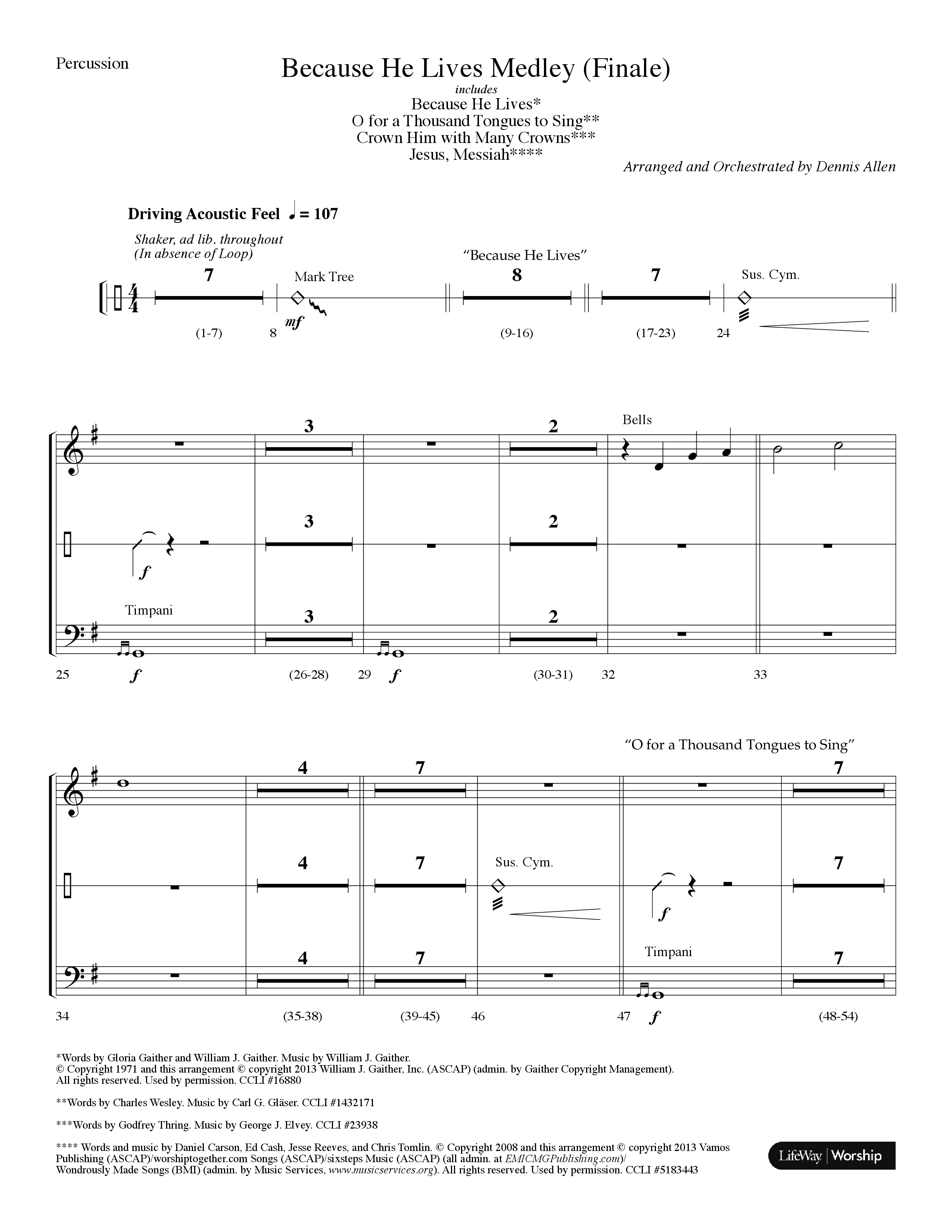Because He Lives Medley (with O For A Thousand Tongues To Sing, Crown Him With Many Crowns) (Choral Anthem SATB) Percussion (Lifeway Choral / Arr. Dennis Allen)