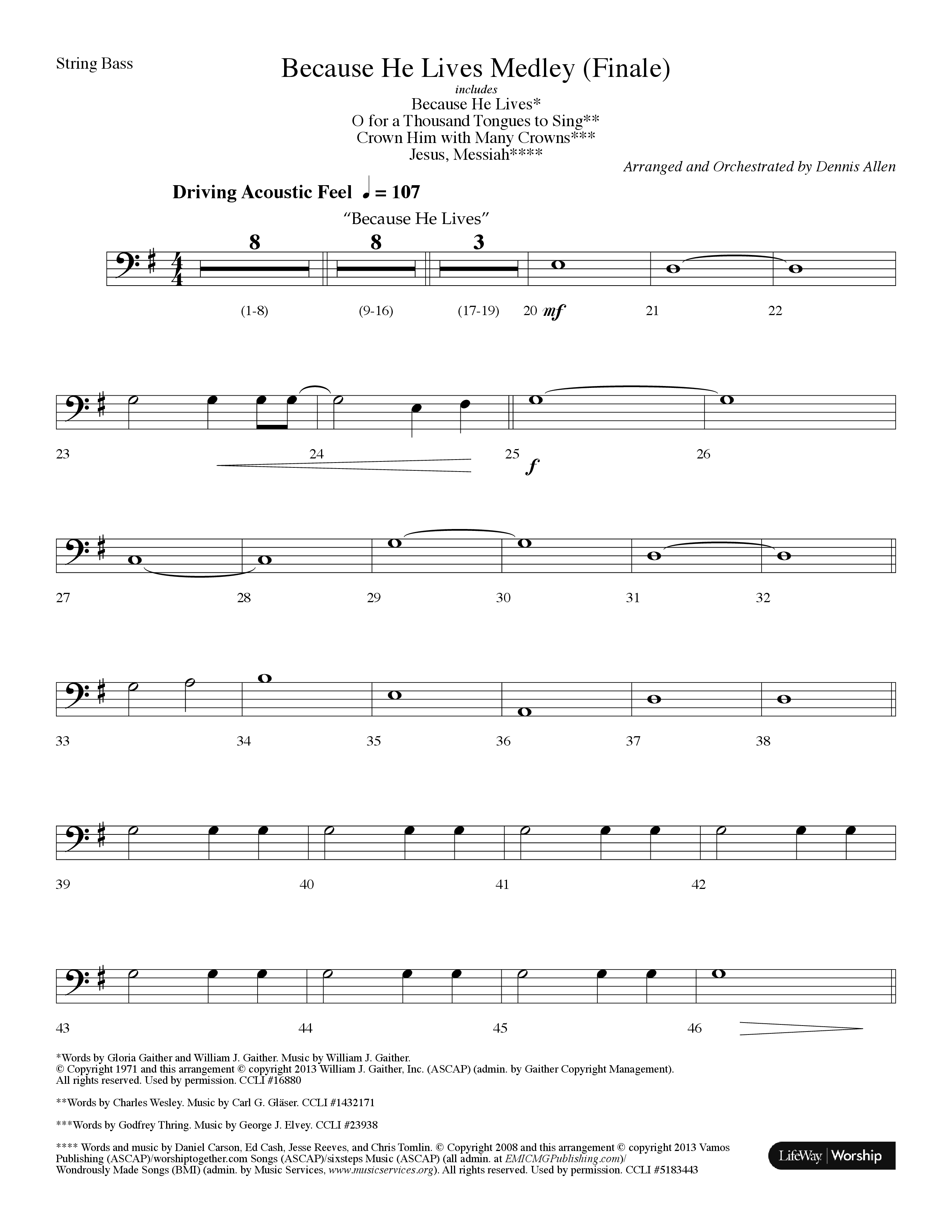 Because He Lives Medley (with O For A Thousand Tongues To Sing, Crown Him With Many Crowns) (Choral Anthem SATB) String Bass (Lifeway Choral / Arr. Dennis Allen)
