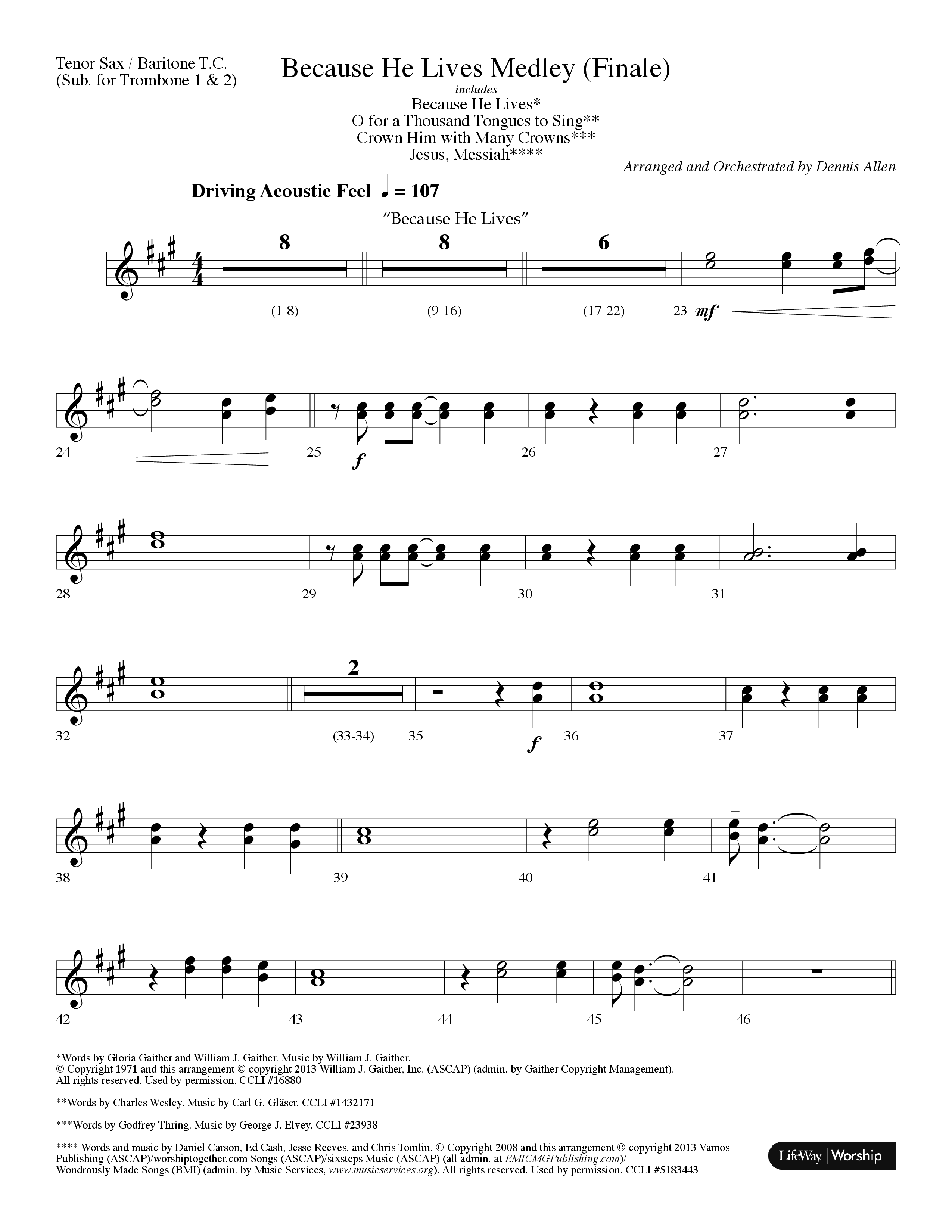 Because He Lives Medley (with O For A Thousand Tongues To Sing, Crown Him With Many Crowns) (Choral Anthem SATB) Tenor Sax/Baritone T.C. (Lifeway Choral / Arr. Dennis Allen)