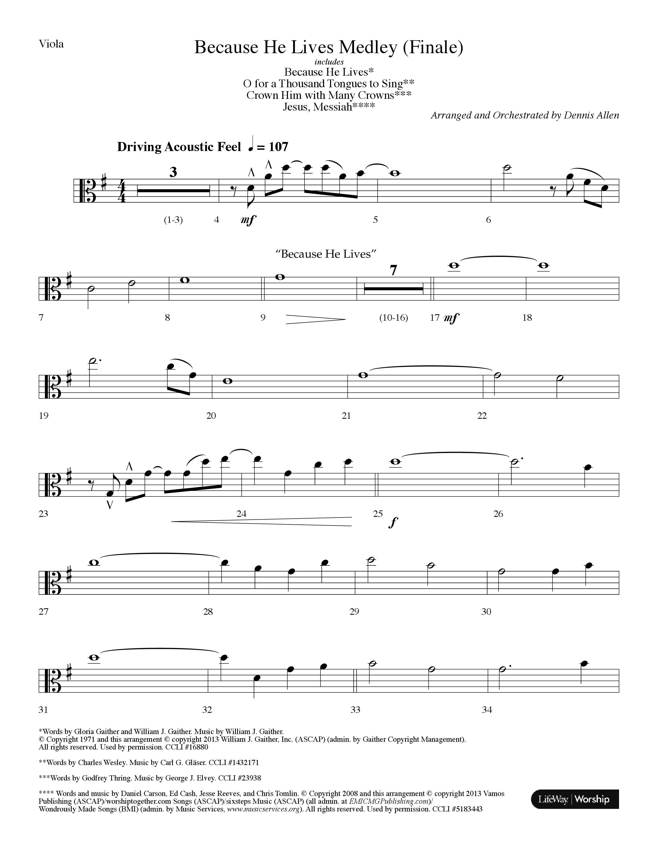 Because He Lives Medley (with O For A Thousand Tongues To Sing, Crown Him With Many Crowns) (Choral Anthem SATB) Viola (Lifeway Choral / Arr. Dennis Allen)
