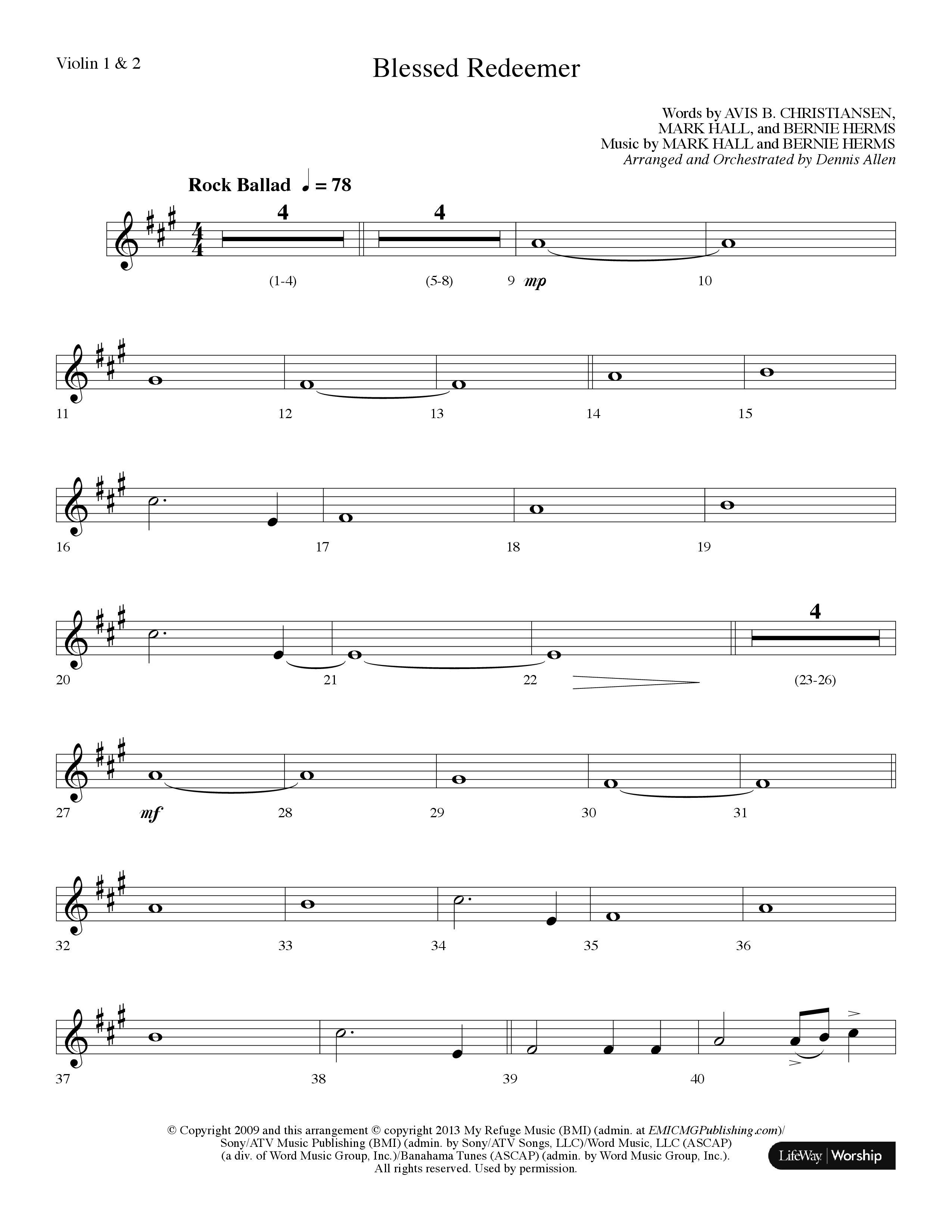 Blessed Redeemer (Choral Anthem SATB) Violin 1/2 (Lifeway Choral / Arr. Dennis Allen)