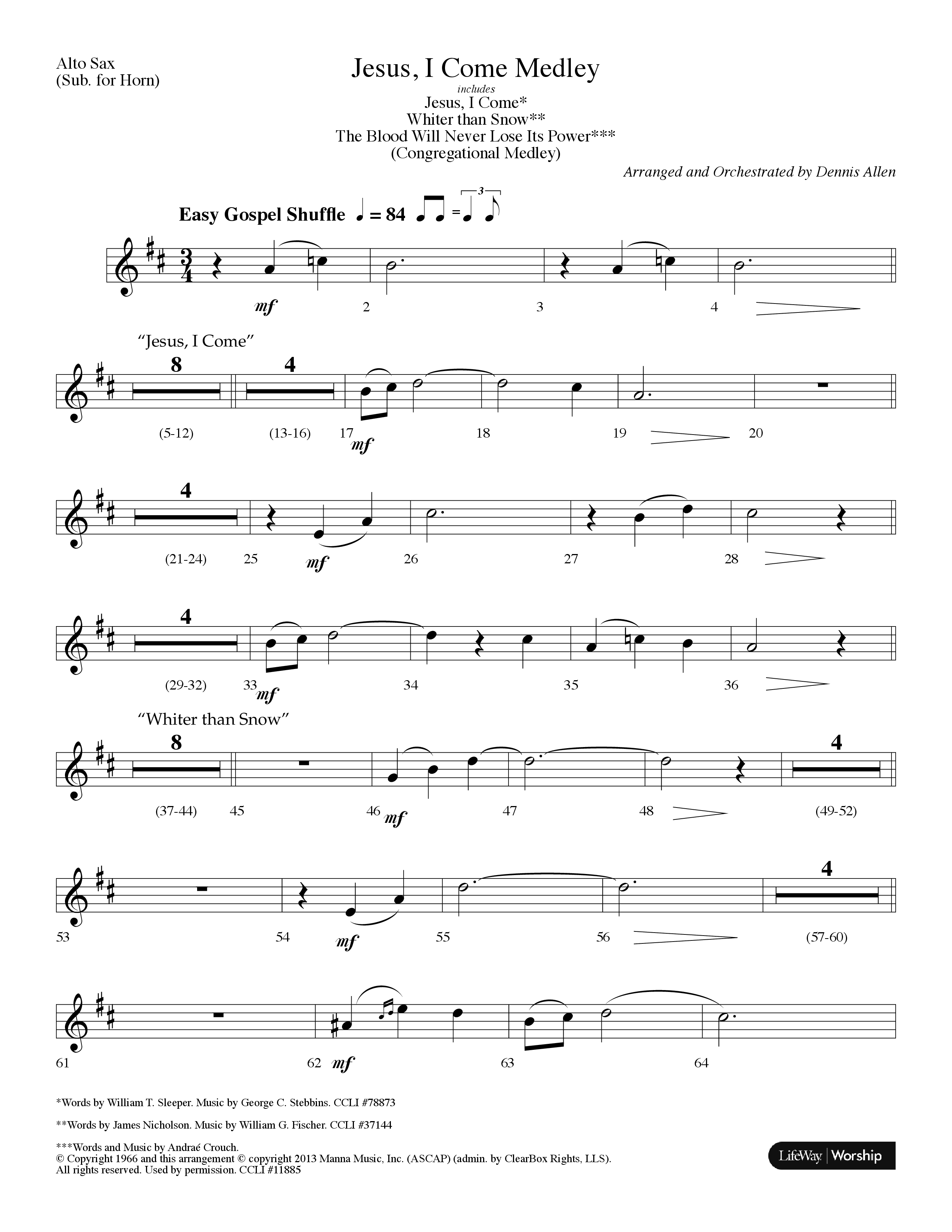 Jesus I Come Medley (with Whiter Than Snow, The Blood Will Never Lose Its Power) (Choral Anthem SATB) Alto Sax (Lifeway Choral / Arr. Dennis Allen)