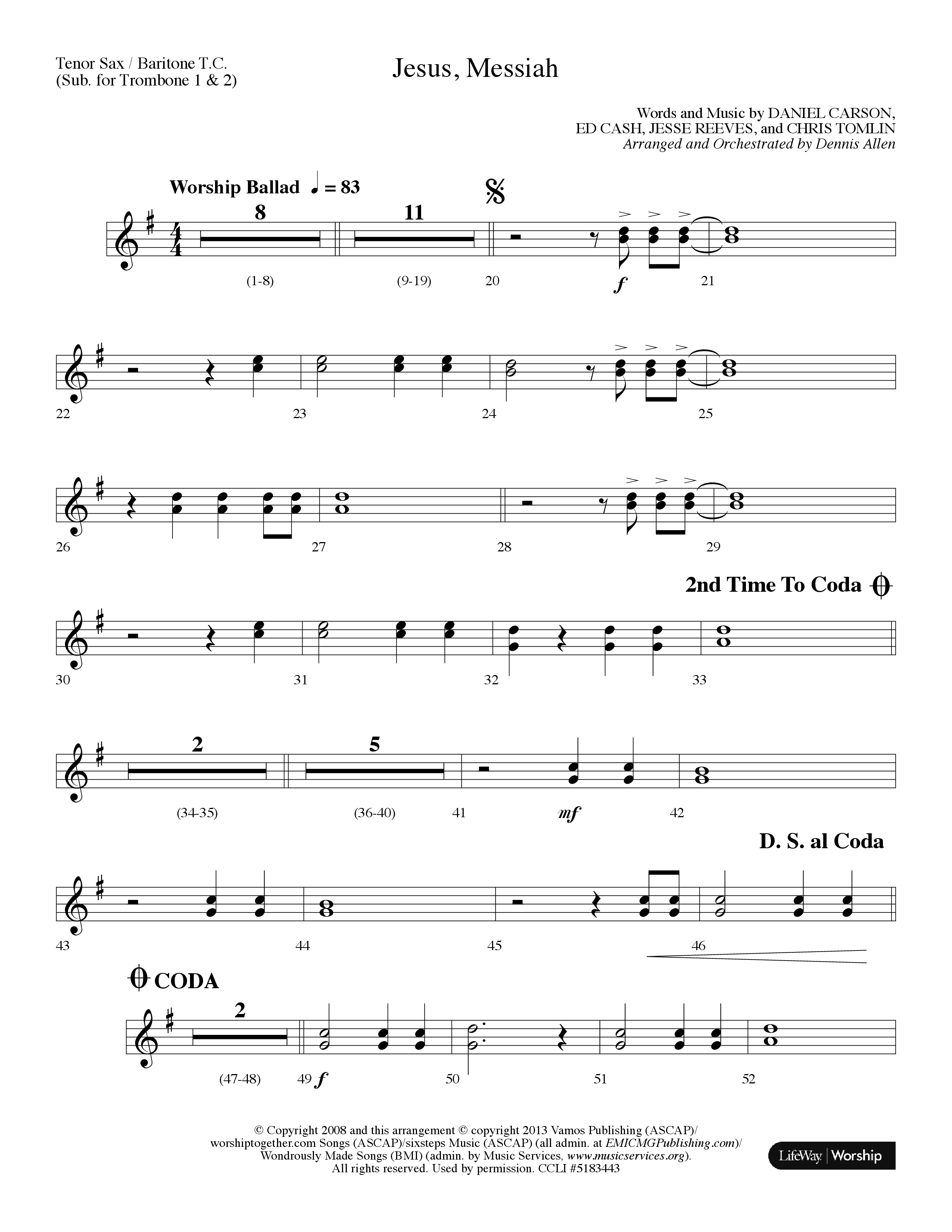 Jesus Messiah (Choral Anthem SATB) Tenor Sax/Baritone T.C. (Lifeway Choral / Arr. Dennis Allen)