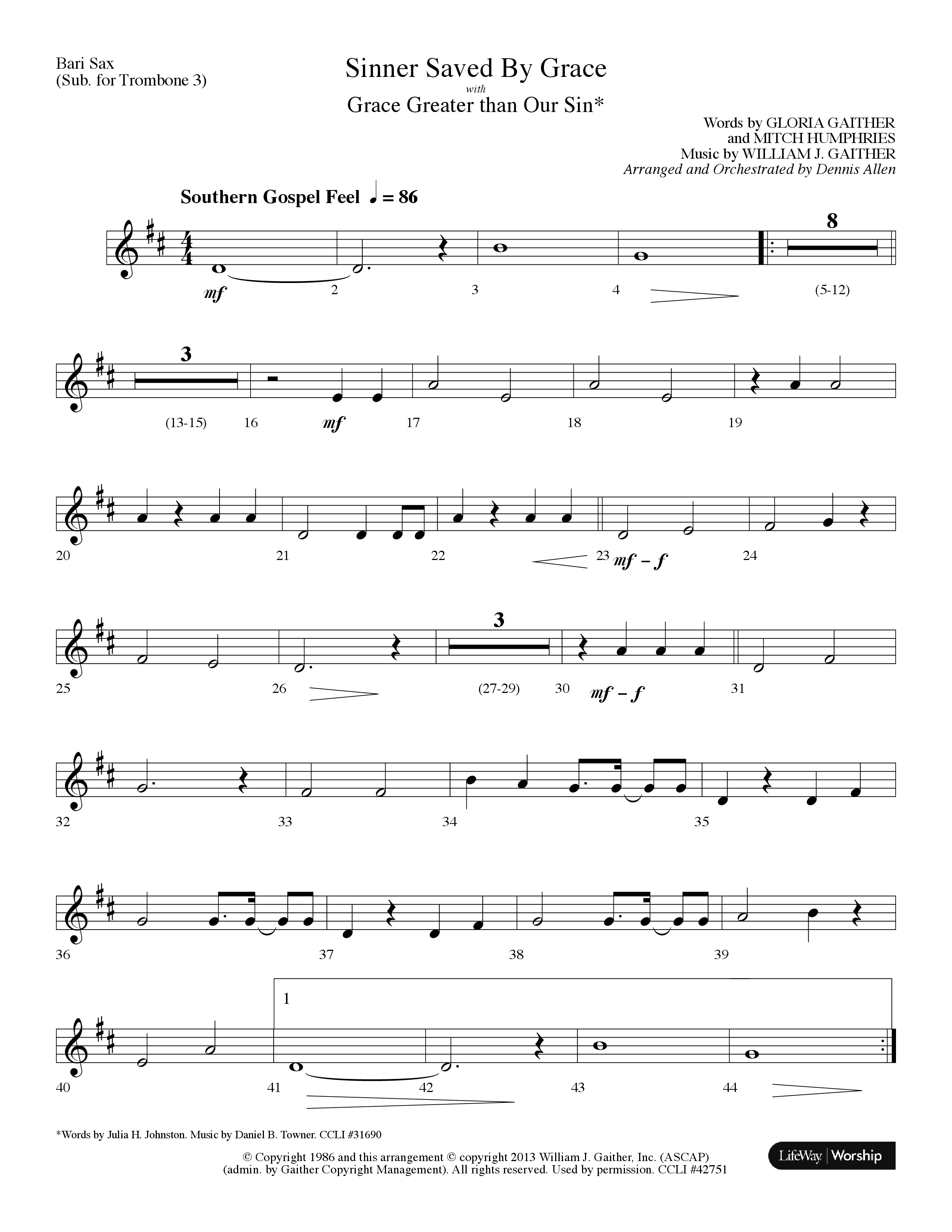 Sinner Saved By Grace (with Grace Greater Than Our Sin) (Choral Anthem SATB) Bari Sax (Arr. Dennis Allen / Lifeway Choral)