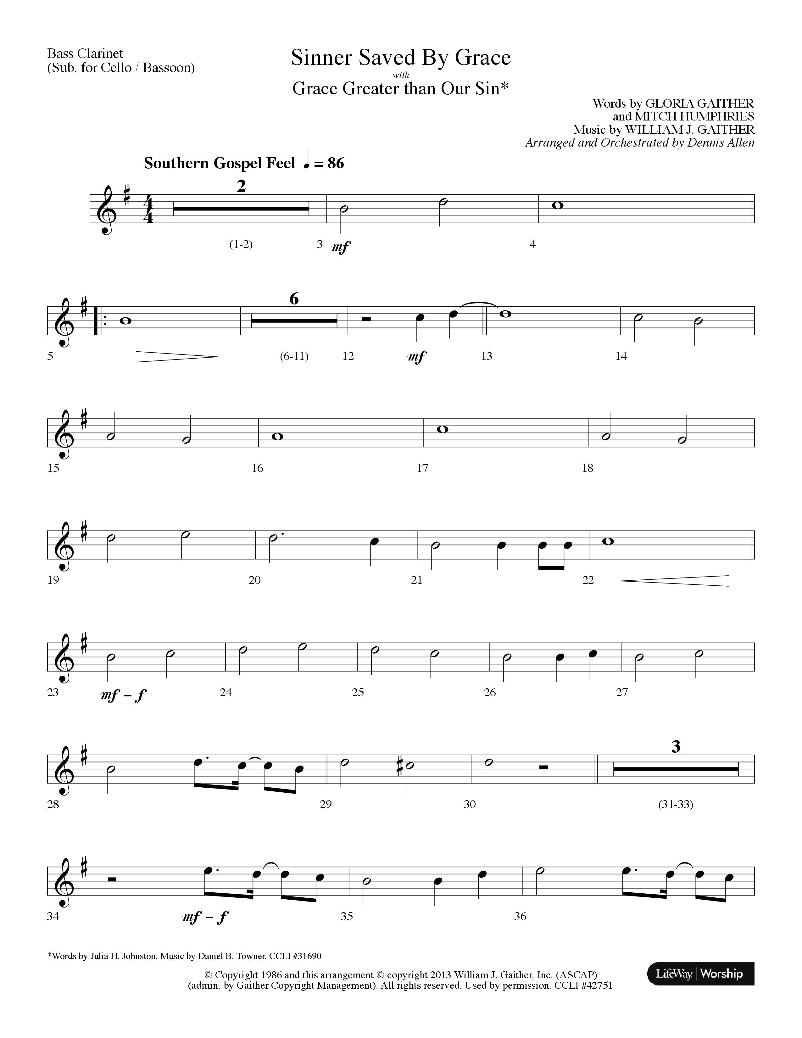 Sinner Saved By Grace (with Grace Greater Than Our Sin) (Choral Anthem SATB) Bass Clarinet (Arr. Dennis Allen / Lifeway Choral)