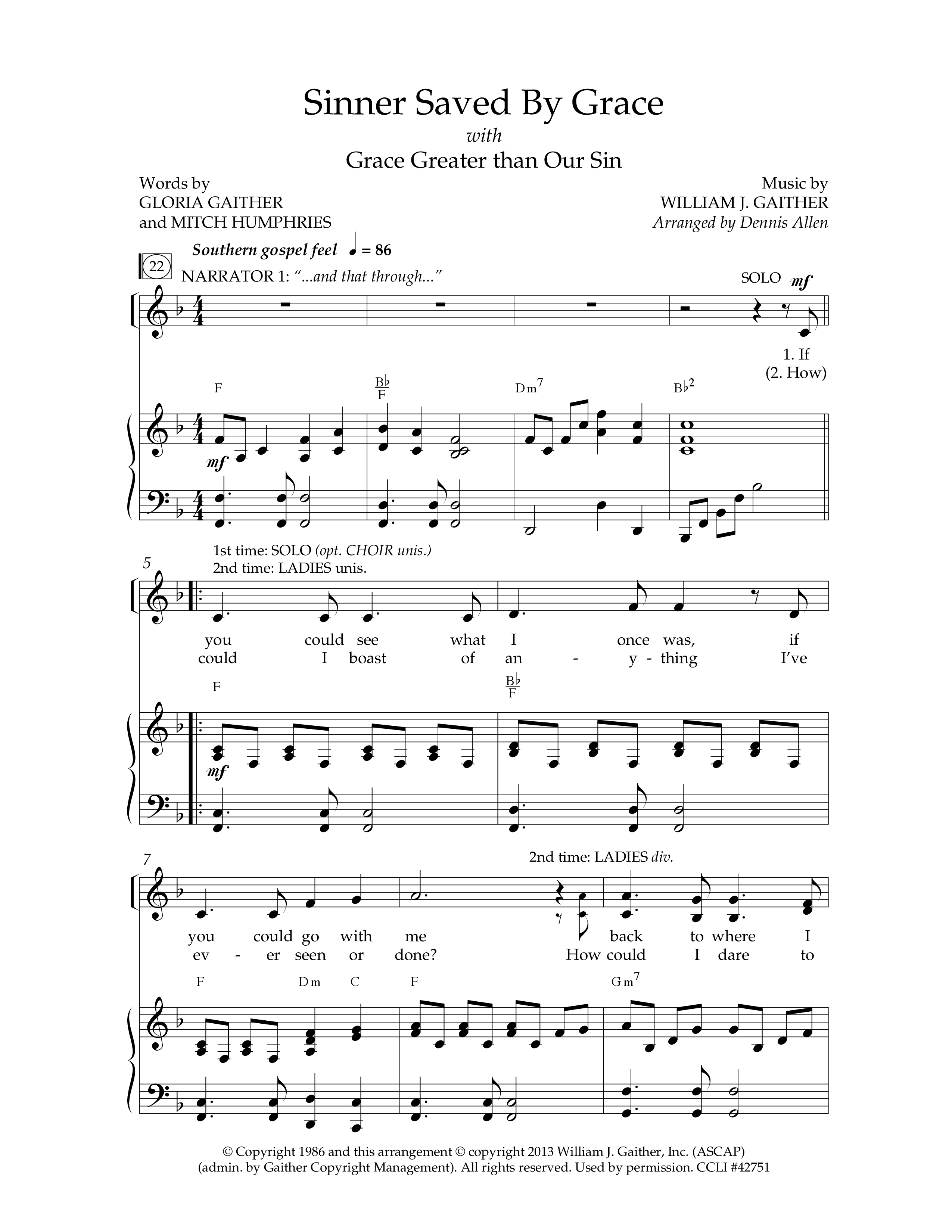 Sinner Saved By Grace (with Grace Greater Than Our Sin) (Choral Anthem SATB) Anthem (SATB/Piano) (Arr. Dennis Allen / Lifeway Choral)