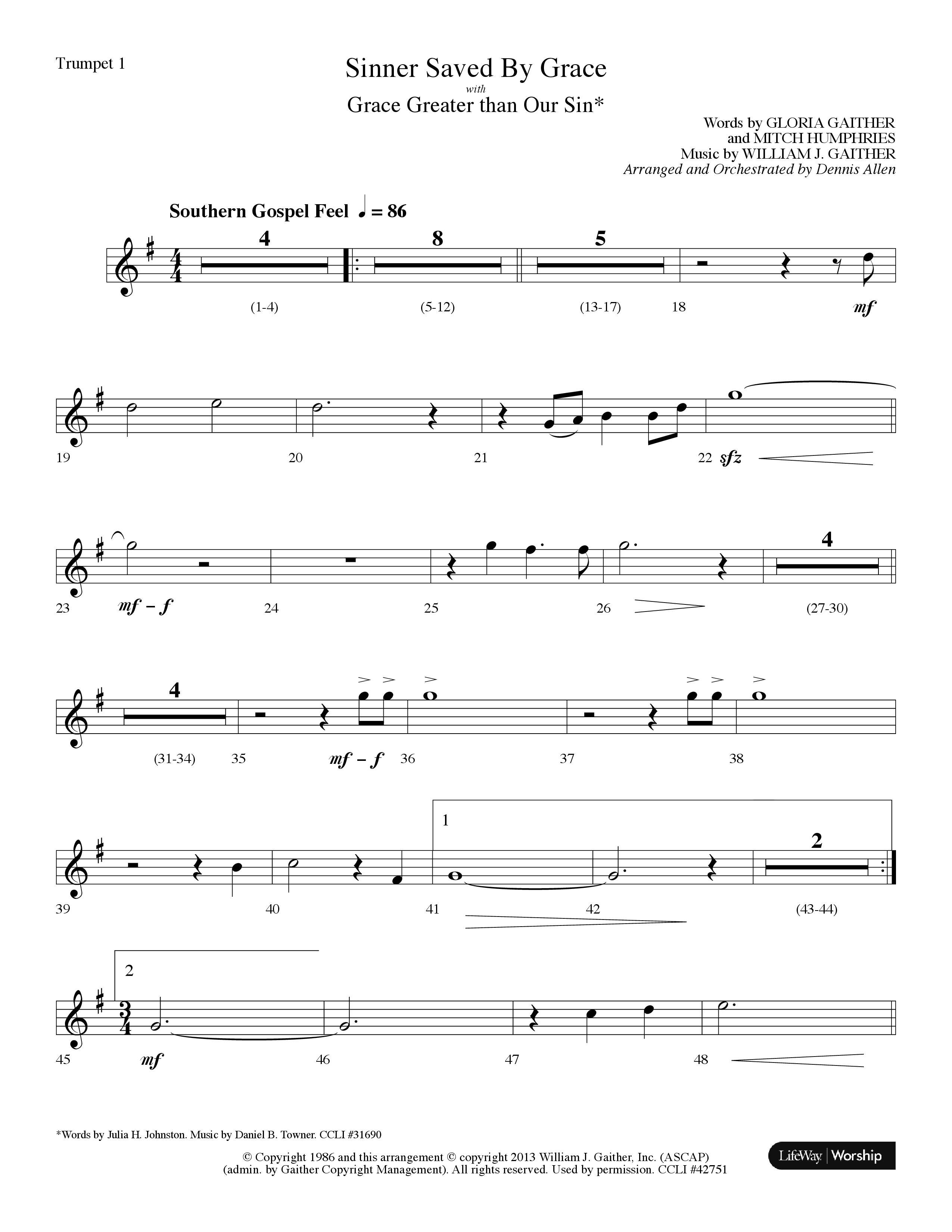 Sinner Saved By Grace (with Grace Greater Than Our Sin) (Choral Anthem SATB) Trumpet 1 (Arr. Dennis Allen / Lifeway Choral)