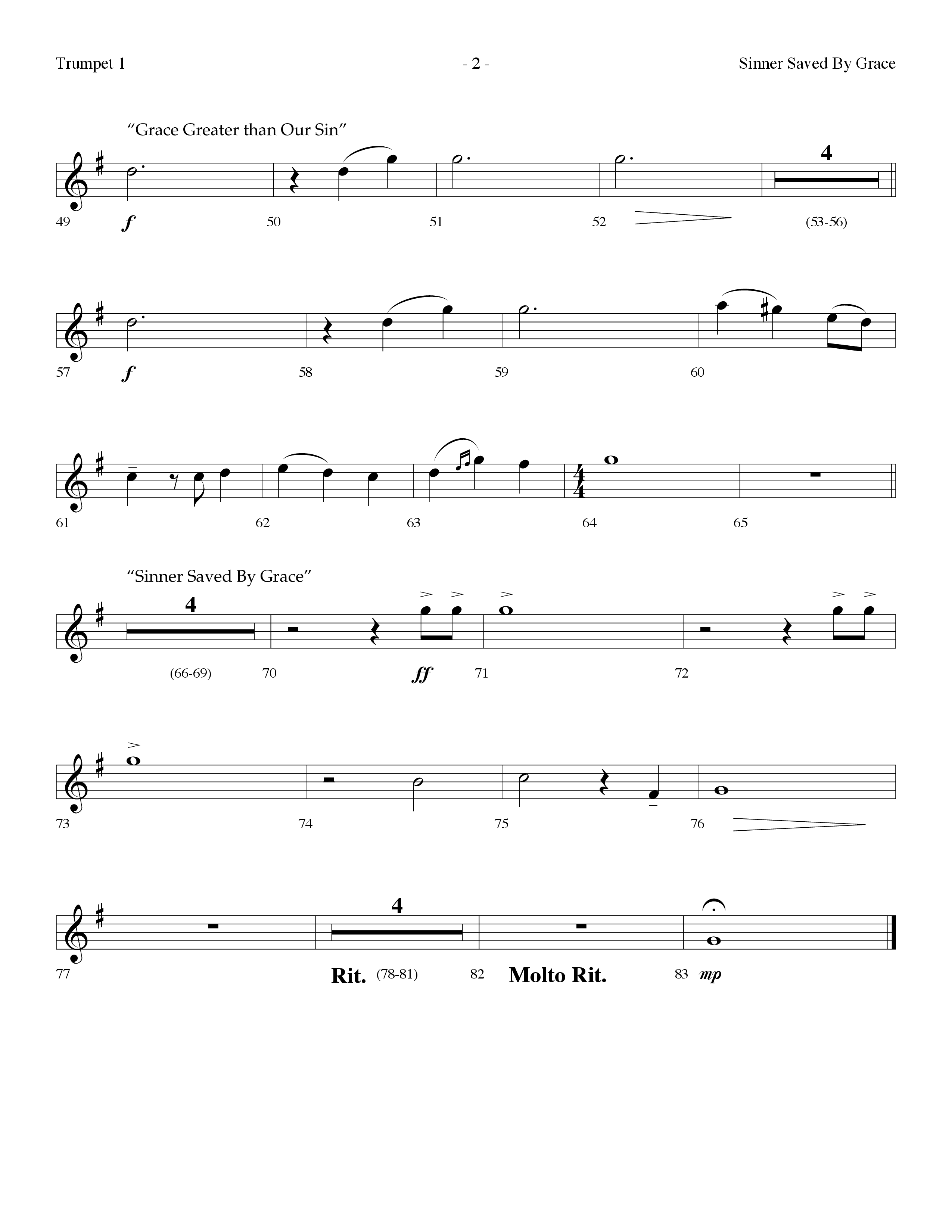 Sinner Saved By Grace (with Grace Greater Than Our Sin) (Choral Anthem SATB) Trumpet 1 (Arr. Dennis Allen / Lifeway Choral)