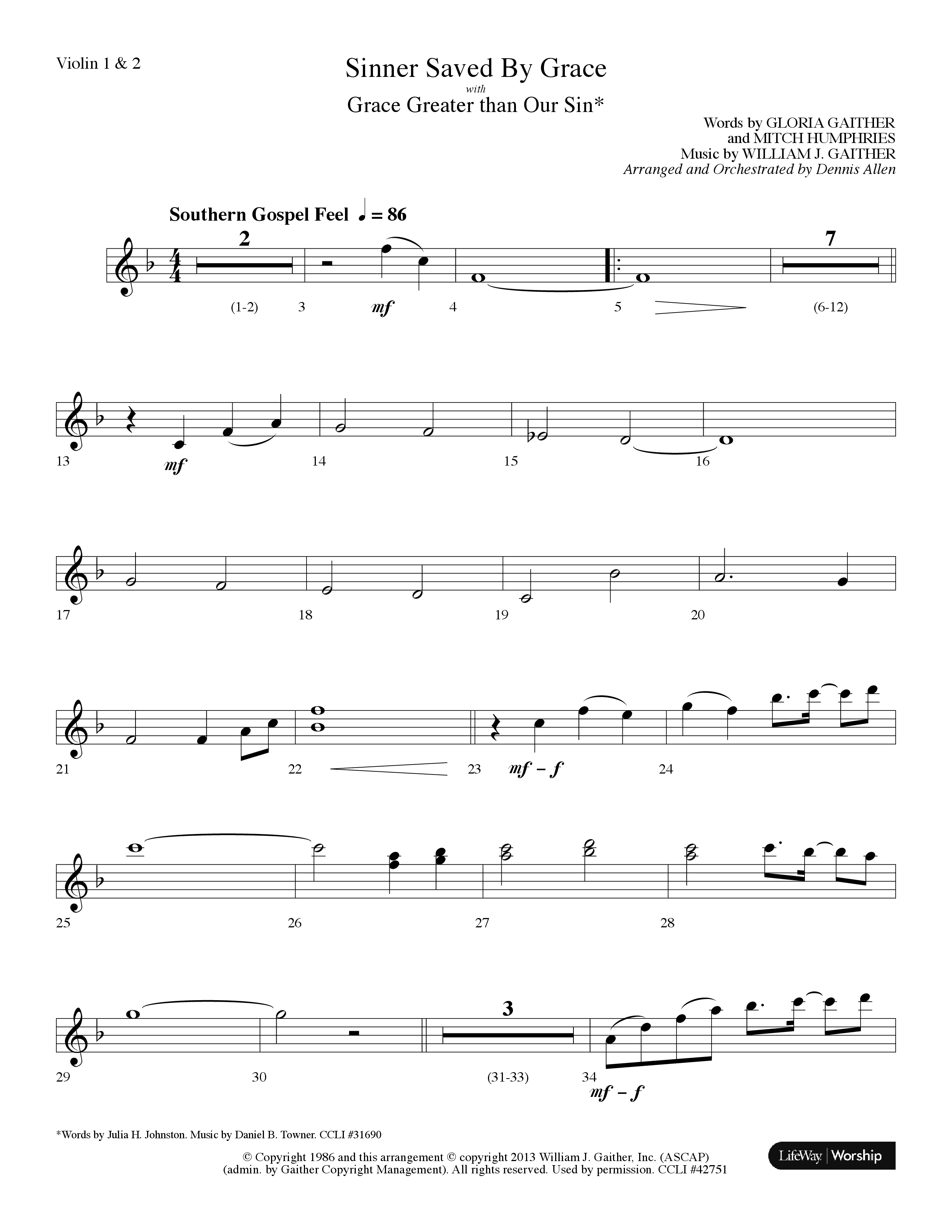Sinner Saved By Grace (with Grace Greater Than Our Sin) (Choral Anthem SATB) Violin 1/2 (Arr. Dennis Allen / Lifeway Choral)